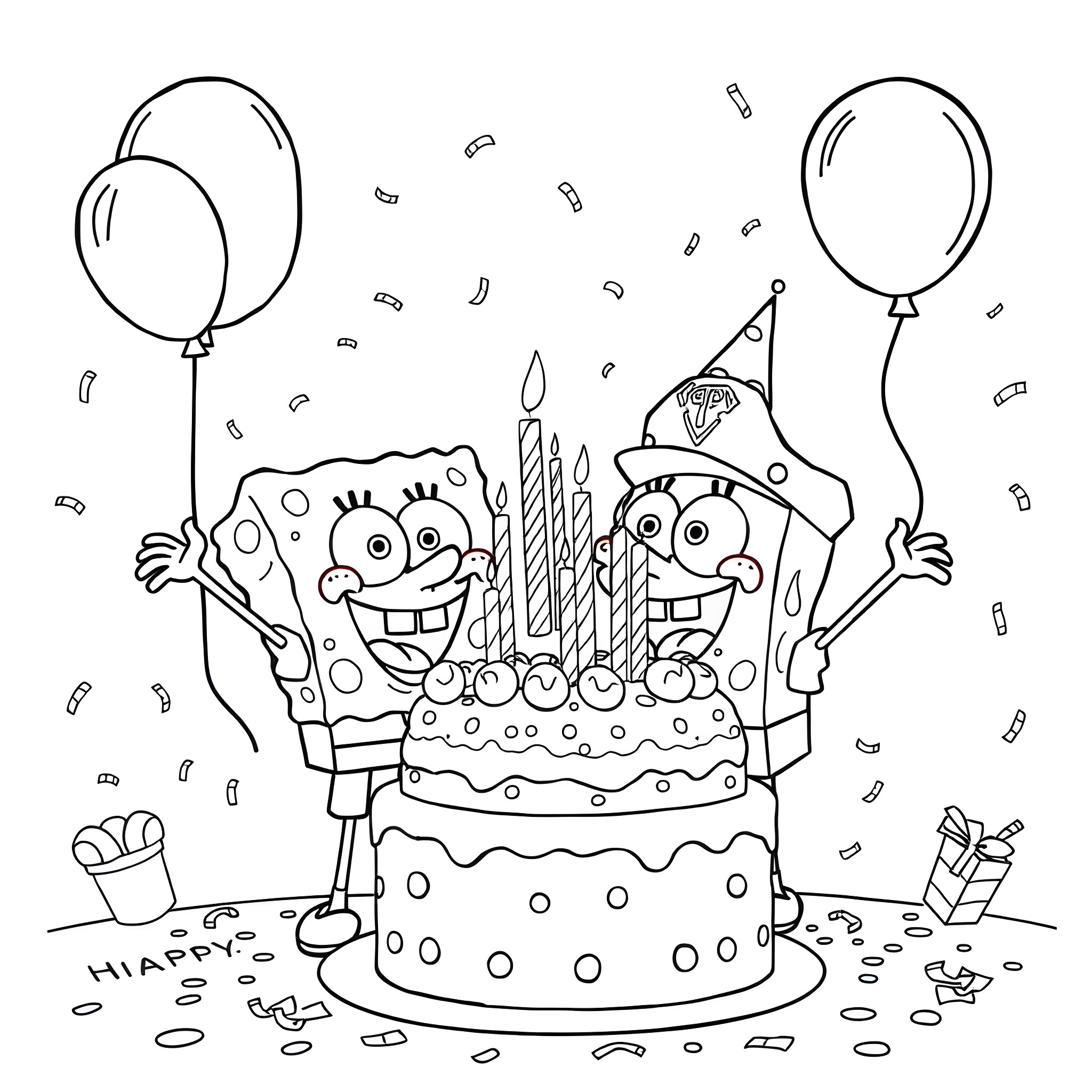 Spongebob and Patrick celebrating a happy birthday with cake and balloons Coloring Page (free black-and-white line drawing printable PDF for all, from beginners to advanced learners, including children, teens, adults, and seniors)
