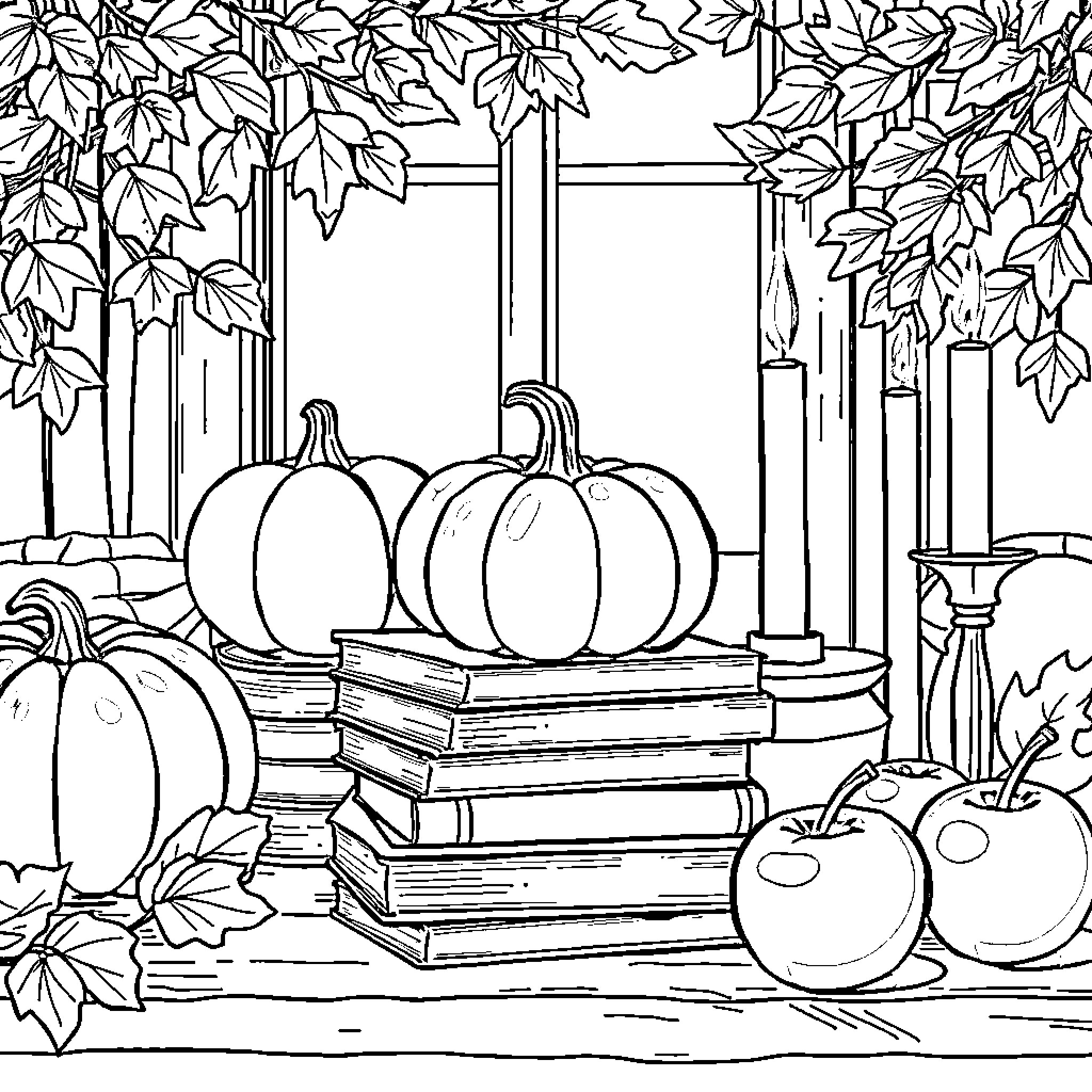 Pumpkins and Books on Autumn Windowsill Coloring Page (free black-and-white line drawing printable PDF for all, from beginners to advanced learners, including children, teens, adults, and seniors)
