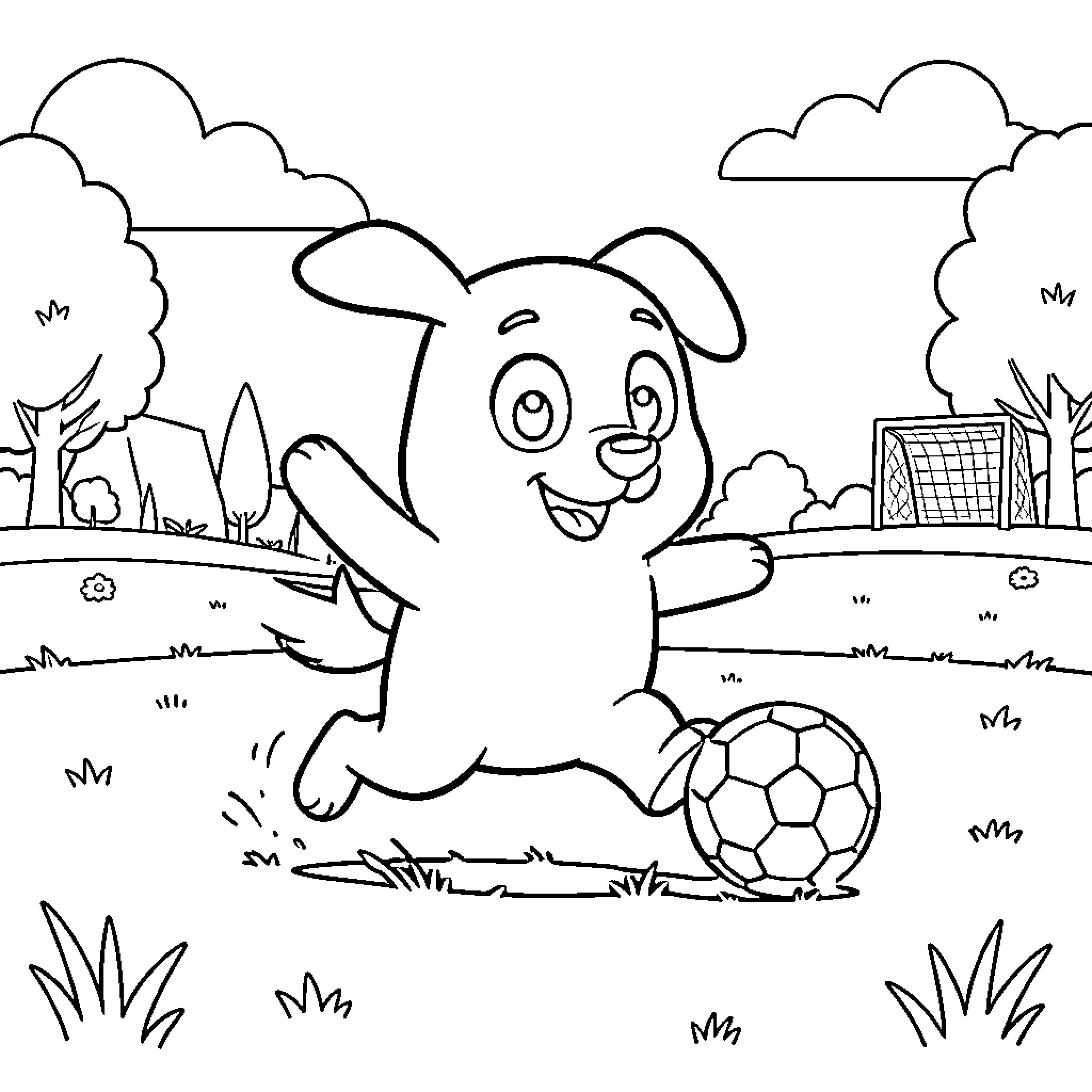 Bluey playing soccer in a grassy field Coloring Page (free black-and-white line drawing printable PDF for all, from beginners to advanced learners, including children, teens, adults, and seniors)