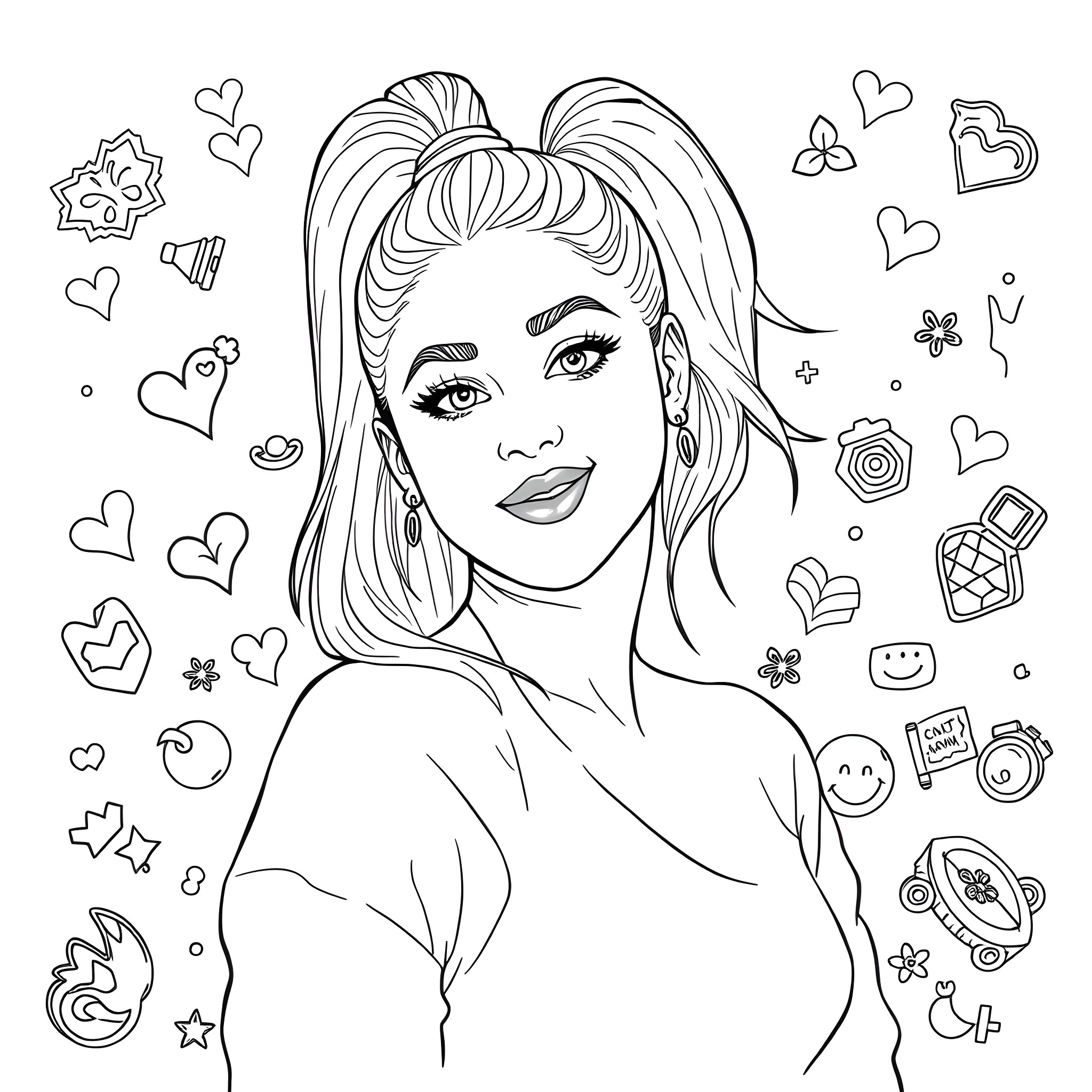 Ariana Grande in playful and stylish portrait Coloring Page (free black-and-white line drawing printable PDF for all, from beginners to advanced learners, including children, teens, adults, and seniors)