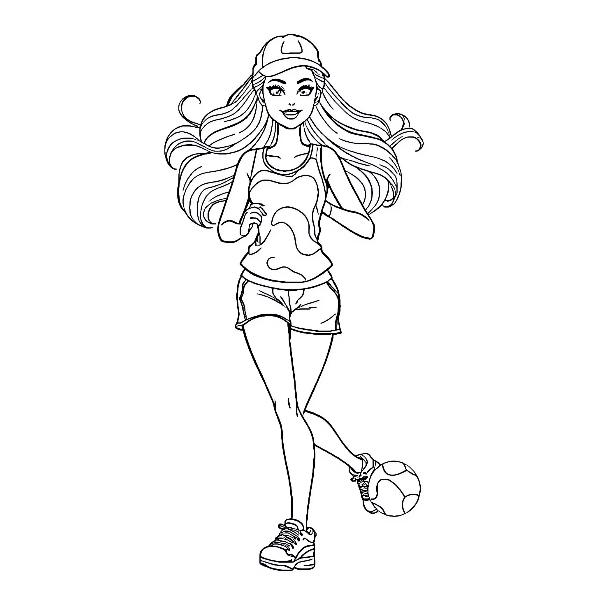 Barbie playing with soccer ball happily Coloring Page (free black-and-white line drawing printable PDF for all, from beginners to advanced learners, including children, teens, adults, and seniors)