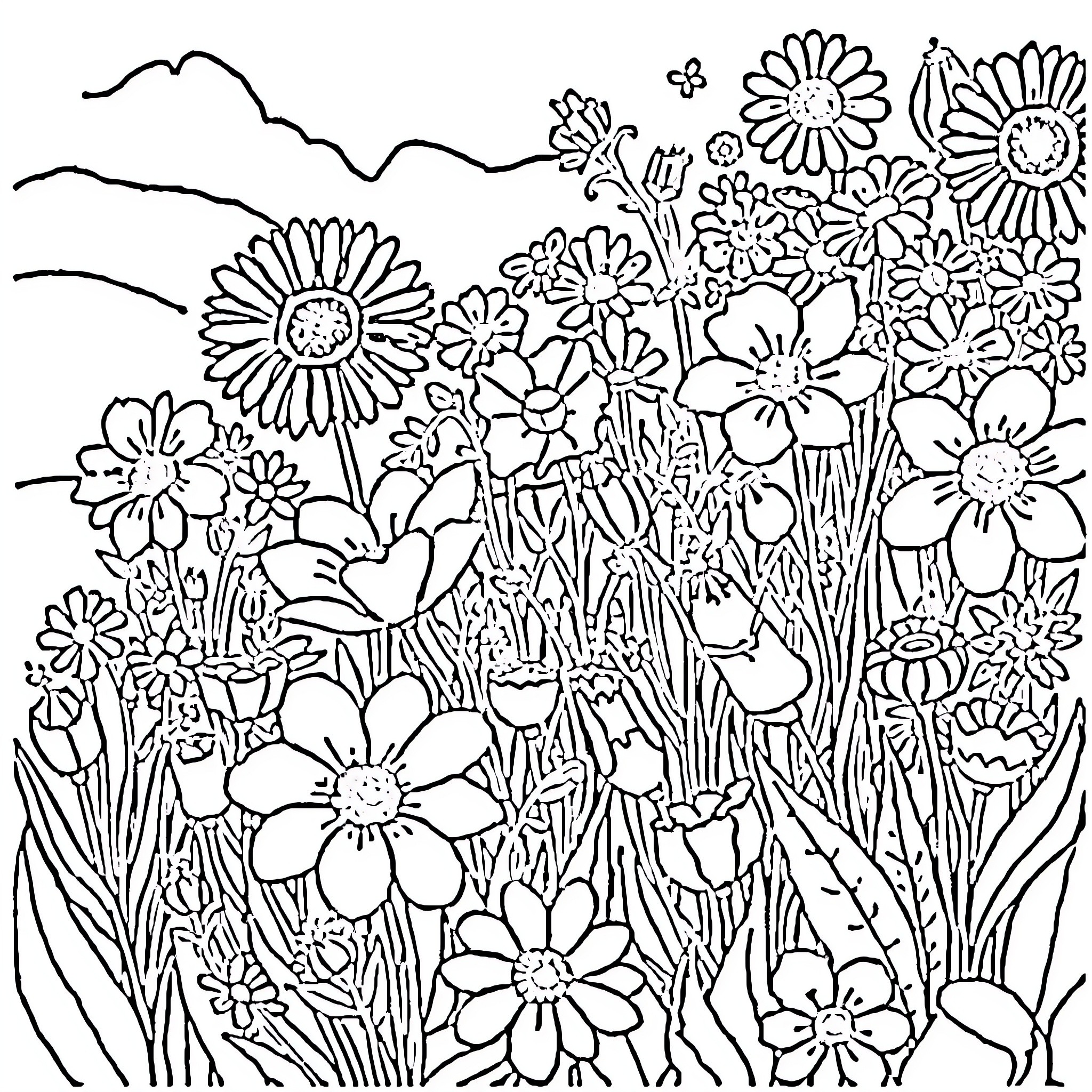 Flower Garden Scene with Blooming Flowers Coloring Page (free black-and-white line drawing printable PDF for all, from beginners to advanced learners, including children, teens, adults, and seniors)