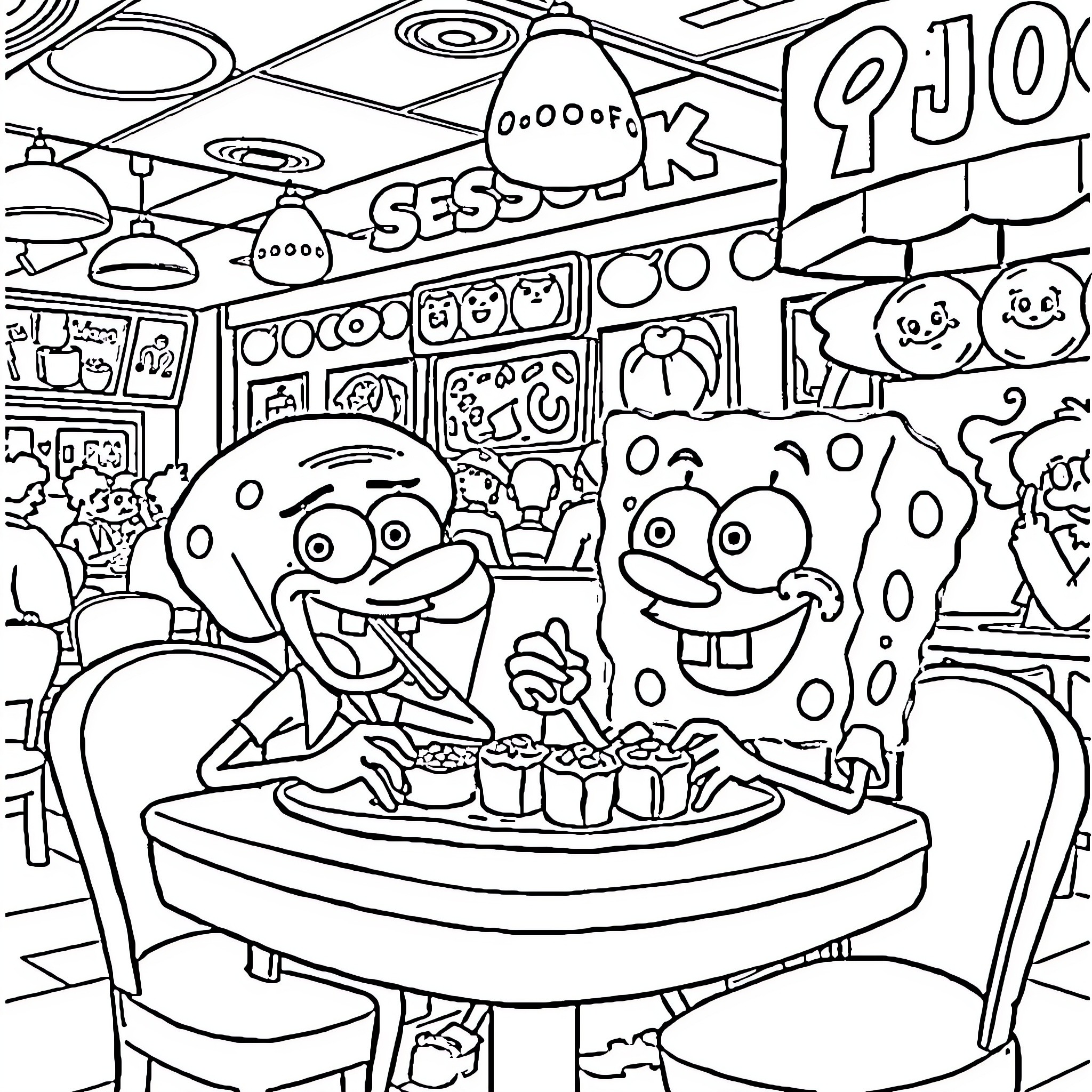Spongebob and friends enjoying a fun day at the arcade Coloring Page (free black-and-white line drawing printable PDF for all, from beginners to advanced learners, including children, teens, adults, and seniors)