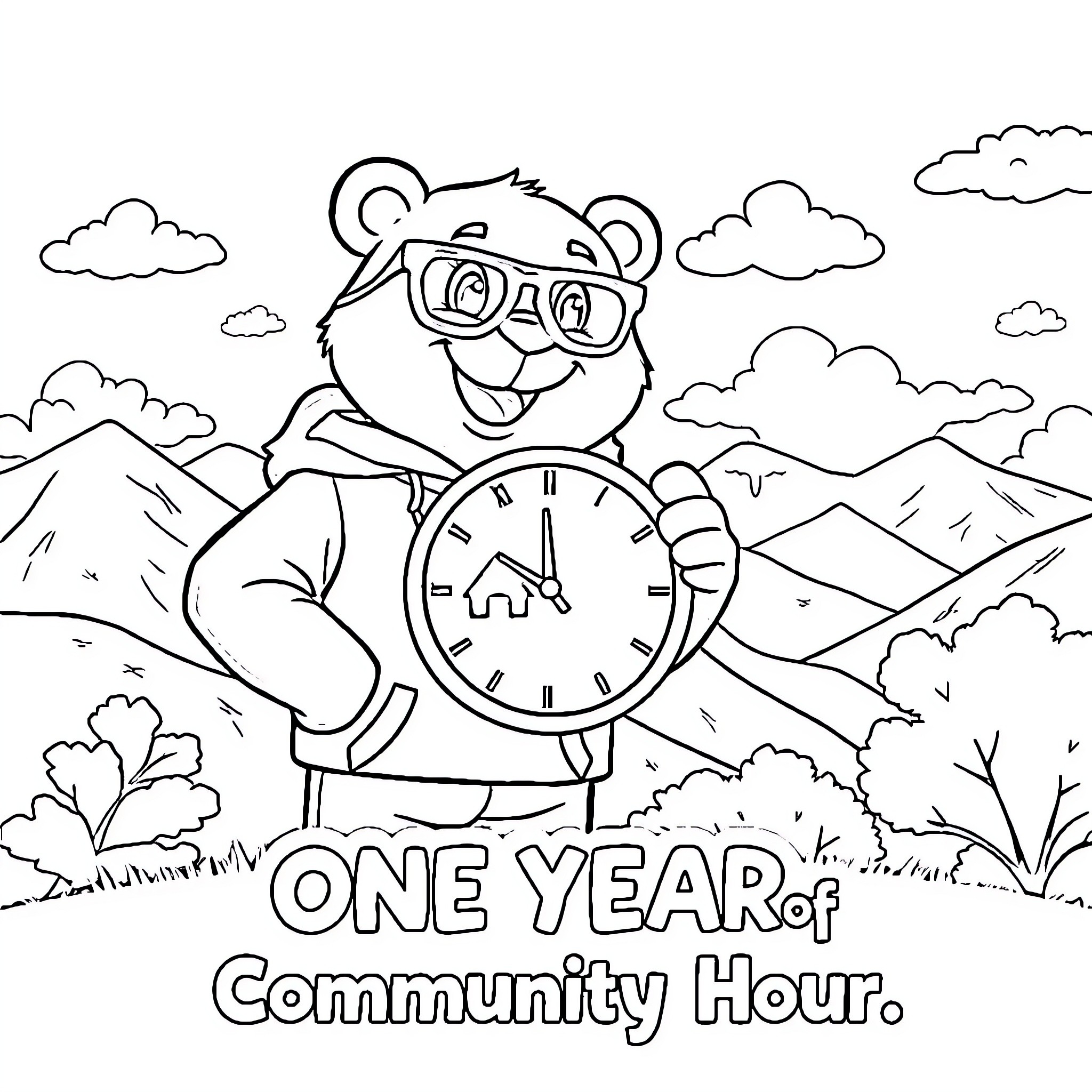 Bear celebrates One Year of Community Hour Coloring Page (free black-and-white line drawing printable PDF for all, from beginners to advanced learners, including children, teens, adults, and seniors)