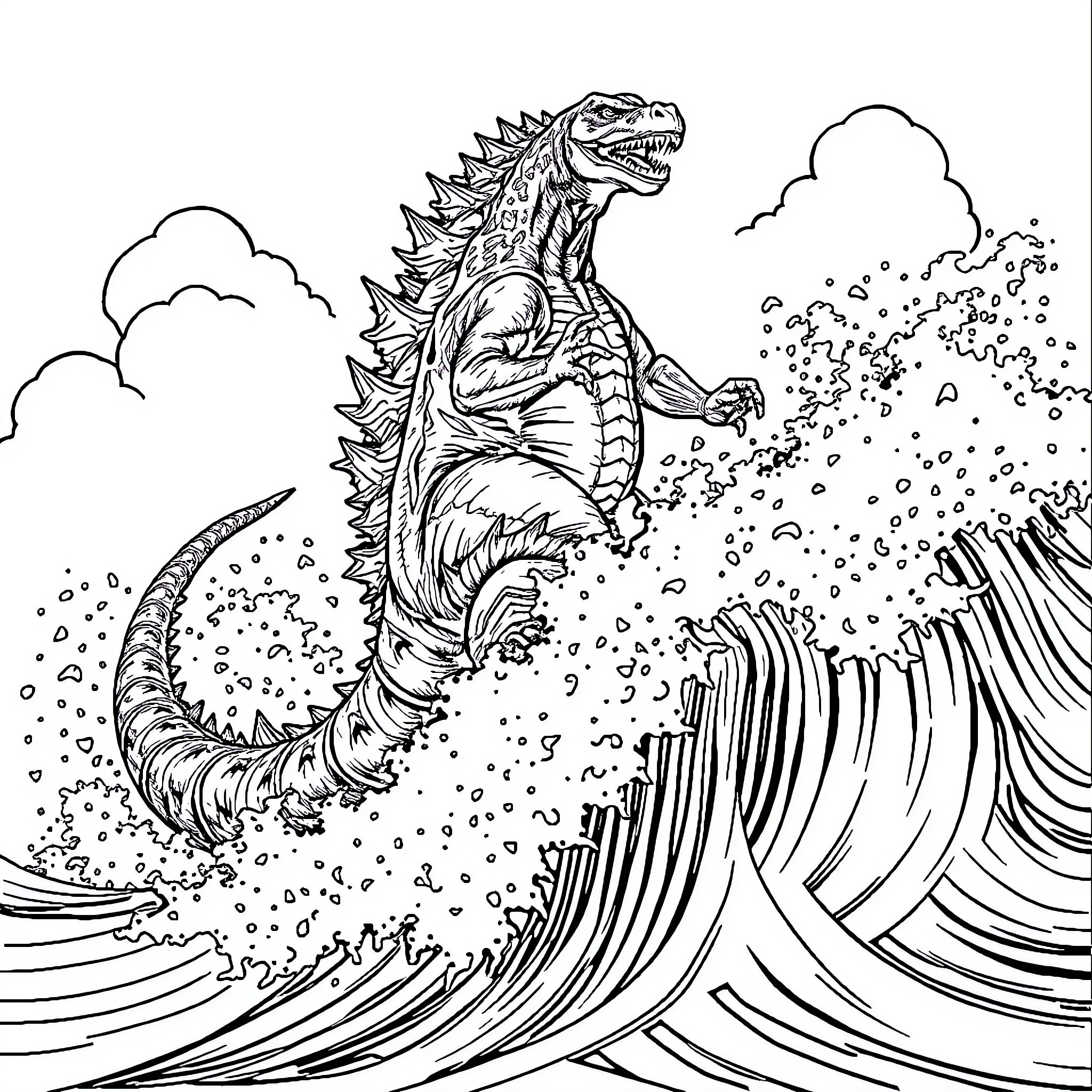 Godzilla unleashing destructive power through waves Coloring Page (free black-and-white line drawing printable PDF for all, from beginners to advanced learners, including children, teens, adults, and seniors)
