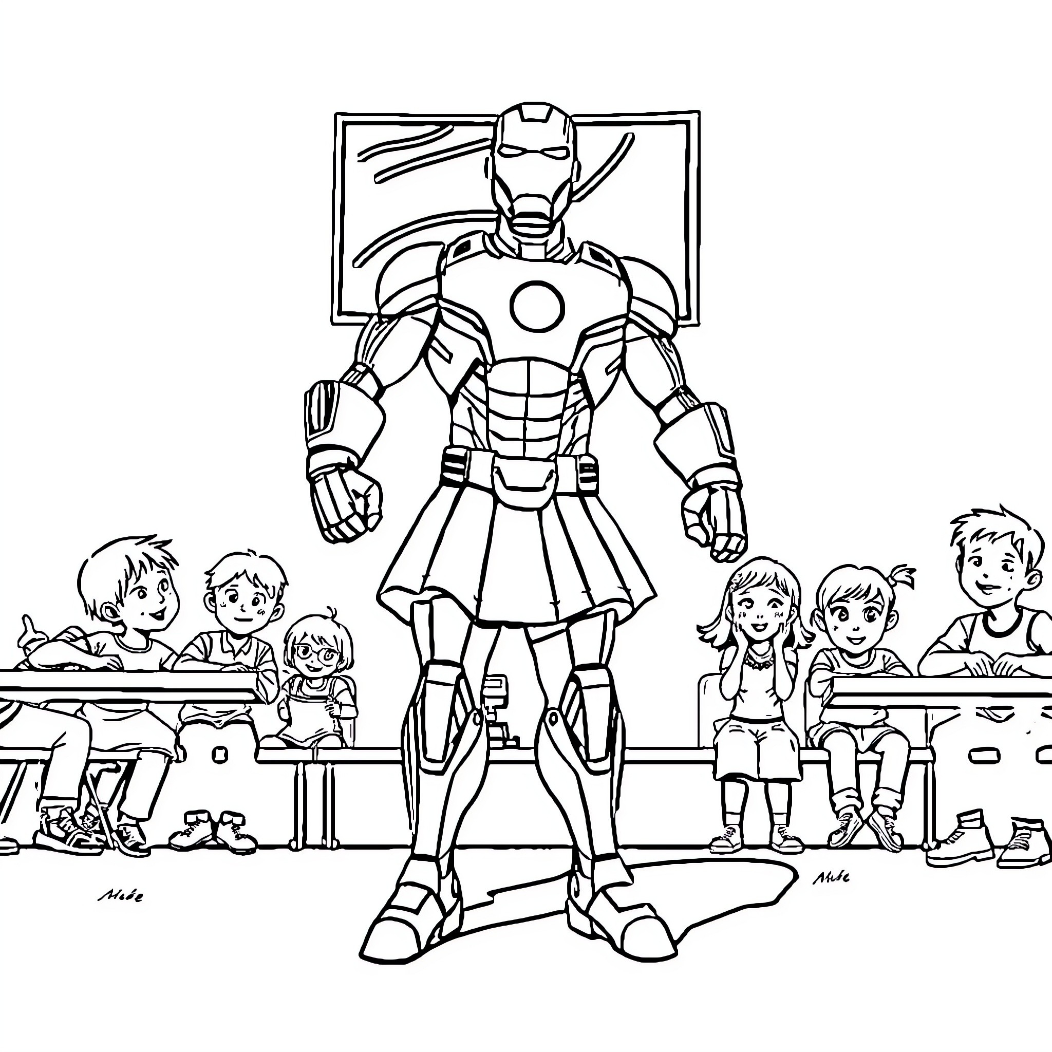 Iron Man protects children in classroom setting Coloring Page (free black-and-white line drawing printable PDF for all, from beginners to advanced learners, including children, teens, adults, and seniors)