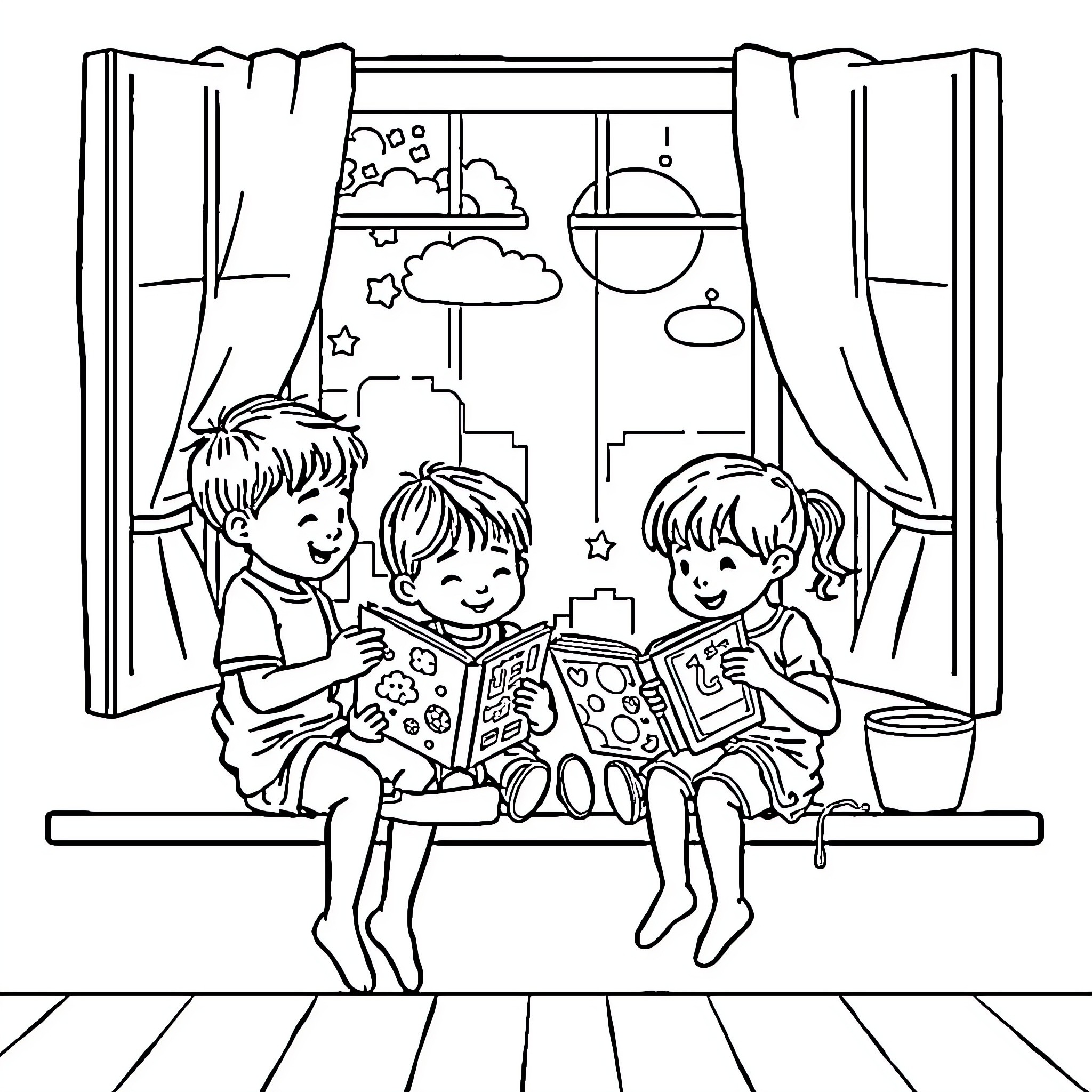 Kid reading books and sharing stories by window Coloring Page (free black-and-white line drawing printable PDF for all, from beginners to advanced learners, including children, teens, adults, and seniors)