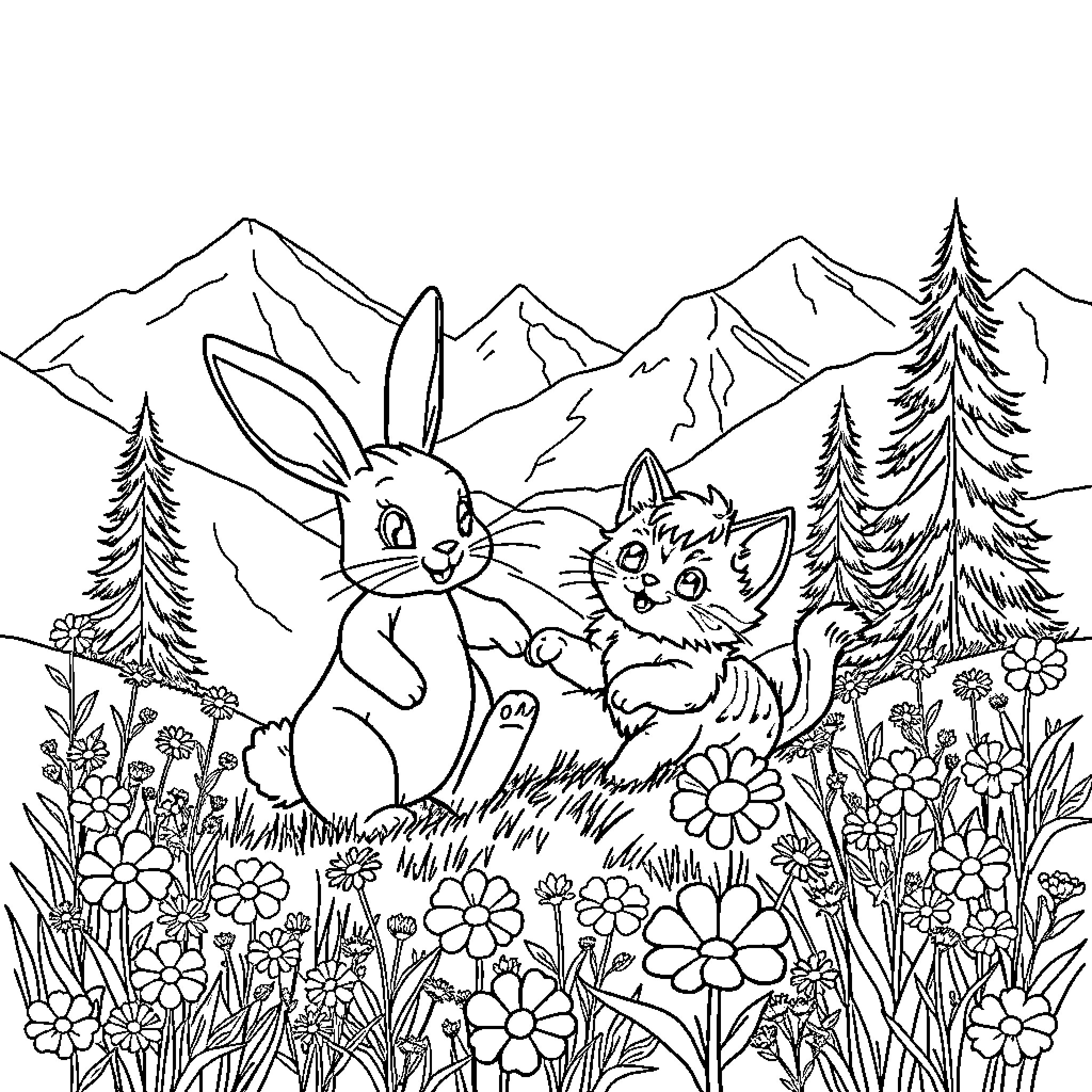 Bunny and Kitten Exploring Floral Mountain Meadow Coloring Page (free black-and-white line drawing printable PDF for all, from beginners to advanced learners, including children, teens, adults, and seniors)