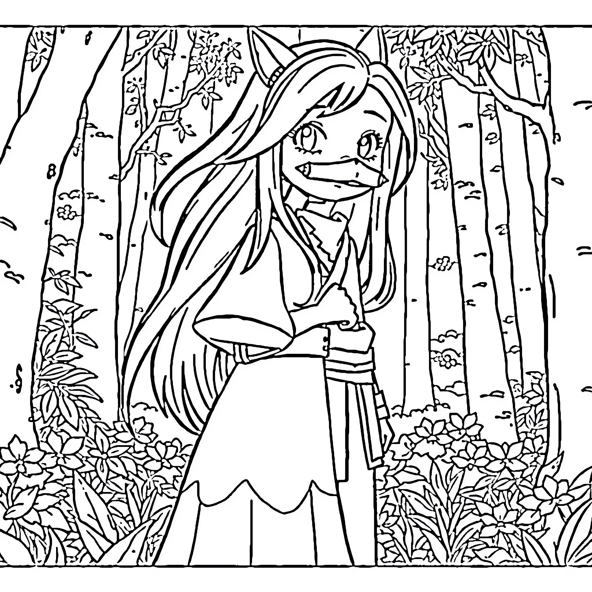 Nezuko in a Serene Forest Landscape Coloring Page (free black-and-white line drawing printable PDF for all, from beginners to advanced learners, including children, teens, adults, and seniors)