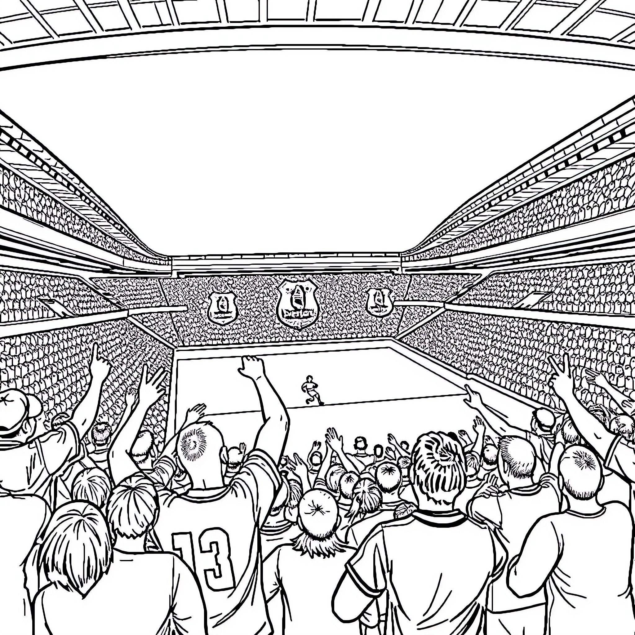 Everton fans cheering at the stadium Coloring Page (free black-and-white line drawing printable PDF for all, from beginners to advanced learners, including children, teens, adults, and seniors)