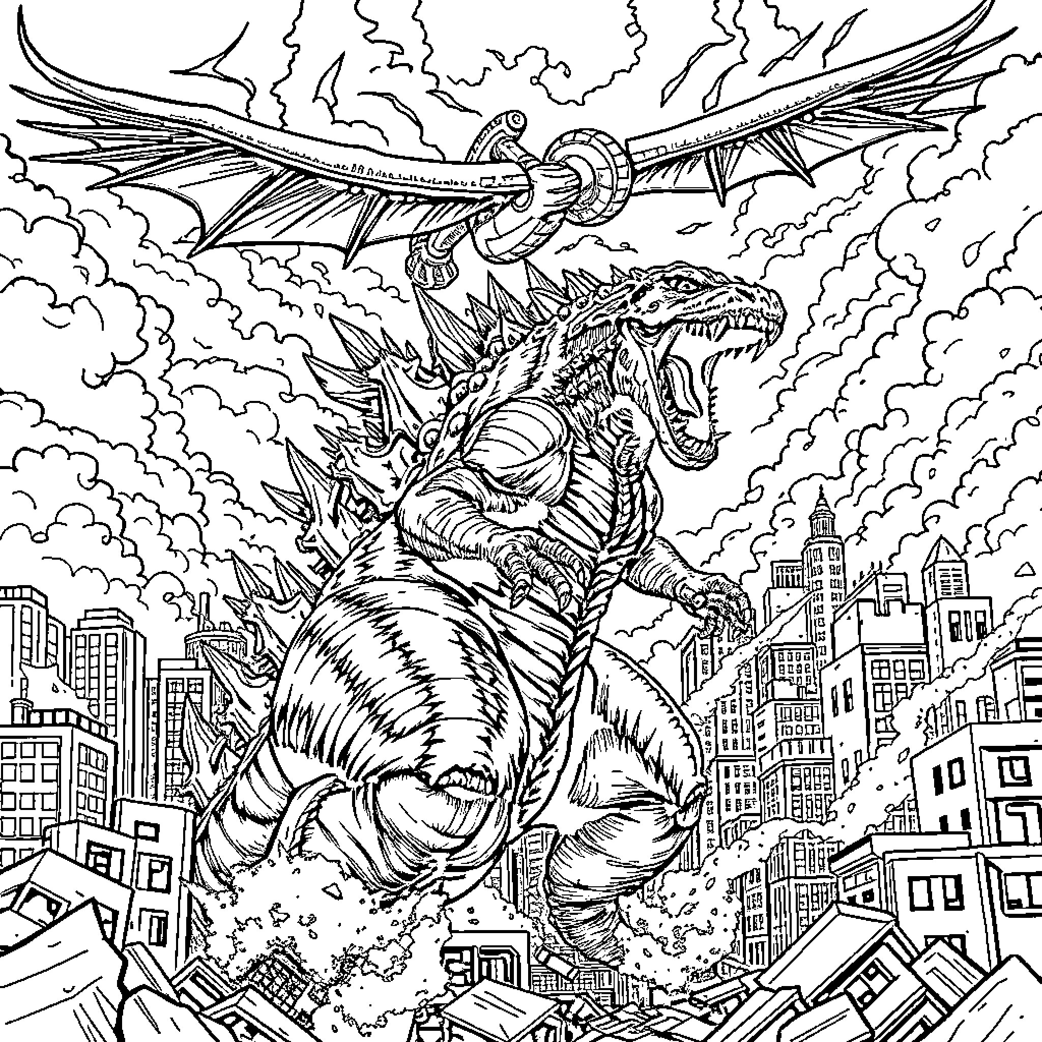 Godzilla's Fiery Rampage Through the City Coloring Page (free black-and-white line drawing printable PDF for all, from beginners to advanced learners, including children, teens, adults, and seniors)
