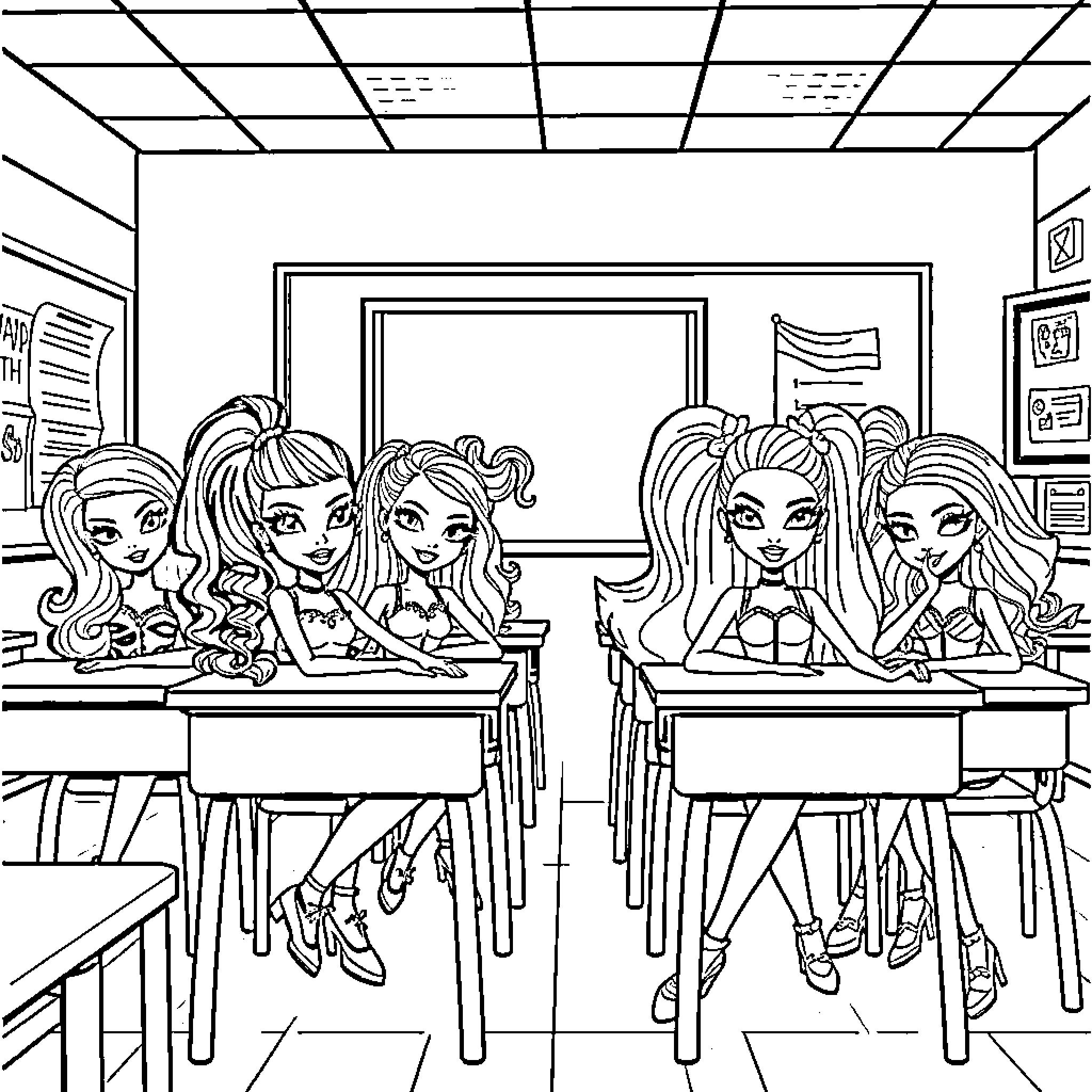 Bratz girls having fun in the classroom Coloring Page (free black-and-white line drawing printable PDF for all, from beginners to advanced learners, including children, teens, adults, and seniors)