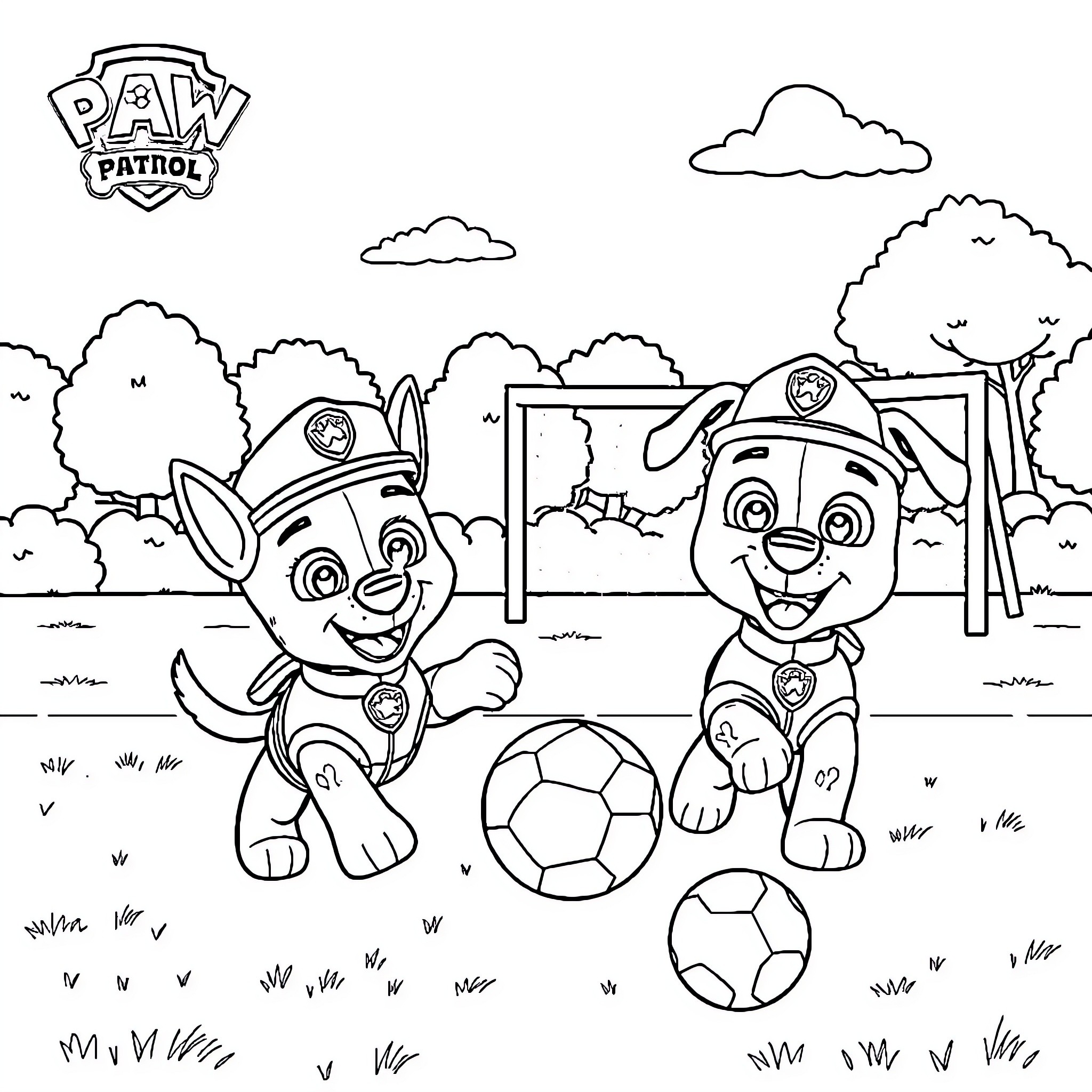 Paw Patrol pups playing soccer in the park Coloring Page (free black-and-white line drawing printable PDF for all, from beginners to advanced learners, including children, teens, adults, and seniors)