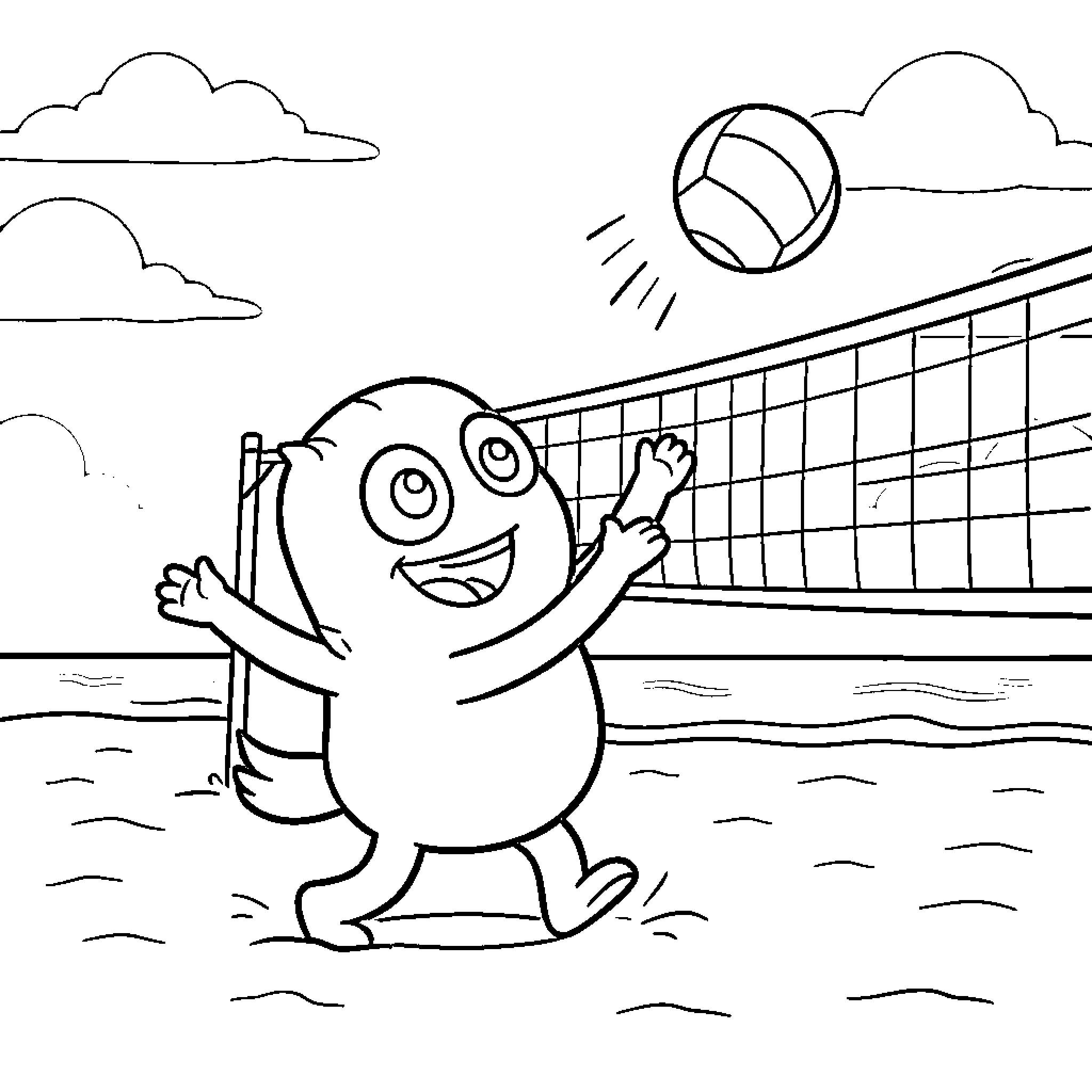Bluey playing volleyball on the beach Coloring Page (free black-and-white line drawing printable PDF for all, from beginners to advanced learners, including children, teens, adults, and seniors)