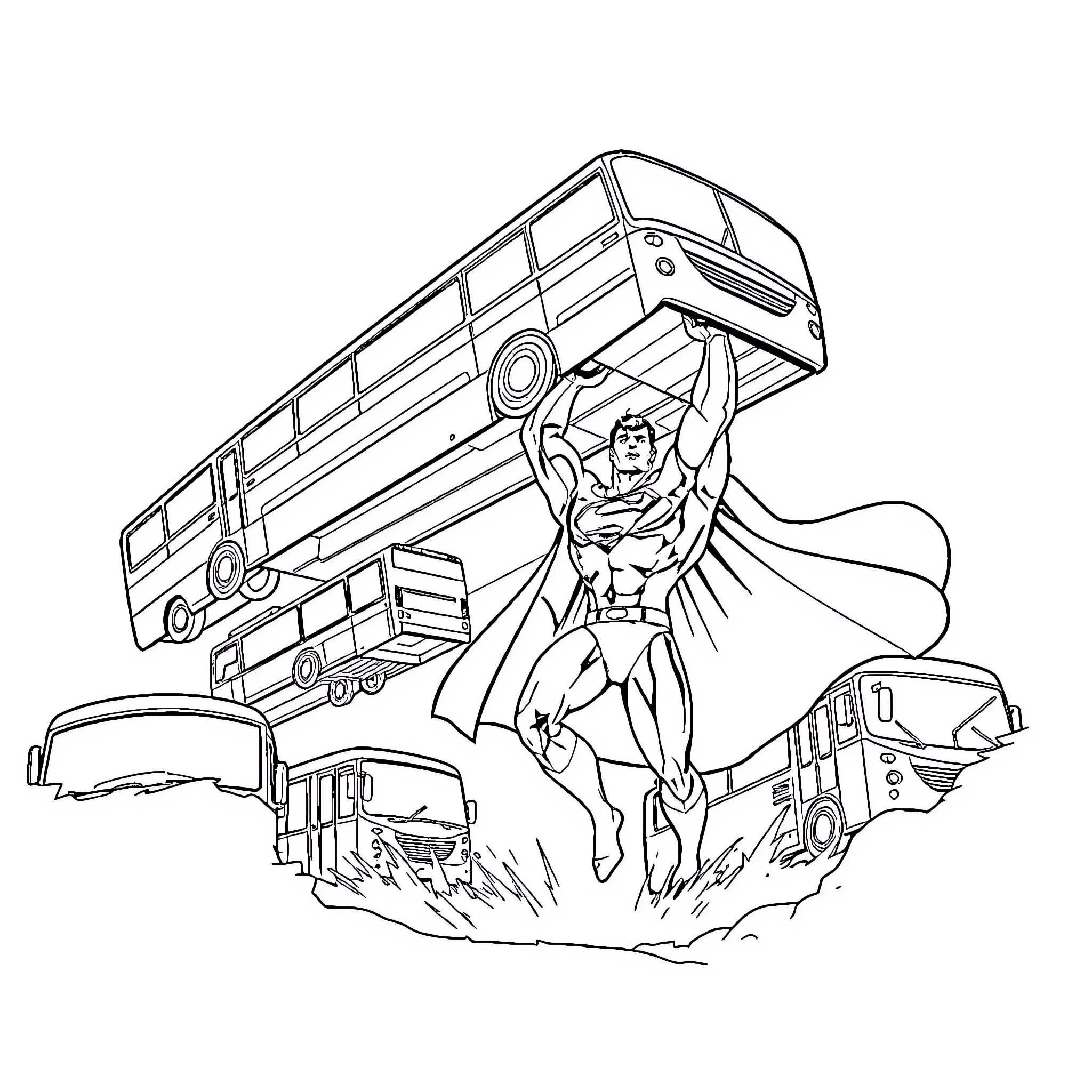 Superman rescuing vehicles in distress Coloring Page (free black-and-white line drawing printable PDF for all, from beginners to advanced learners, including children, teens, adults, and seniors)