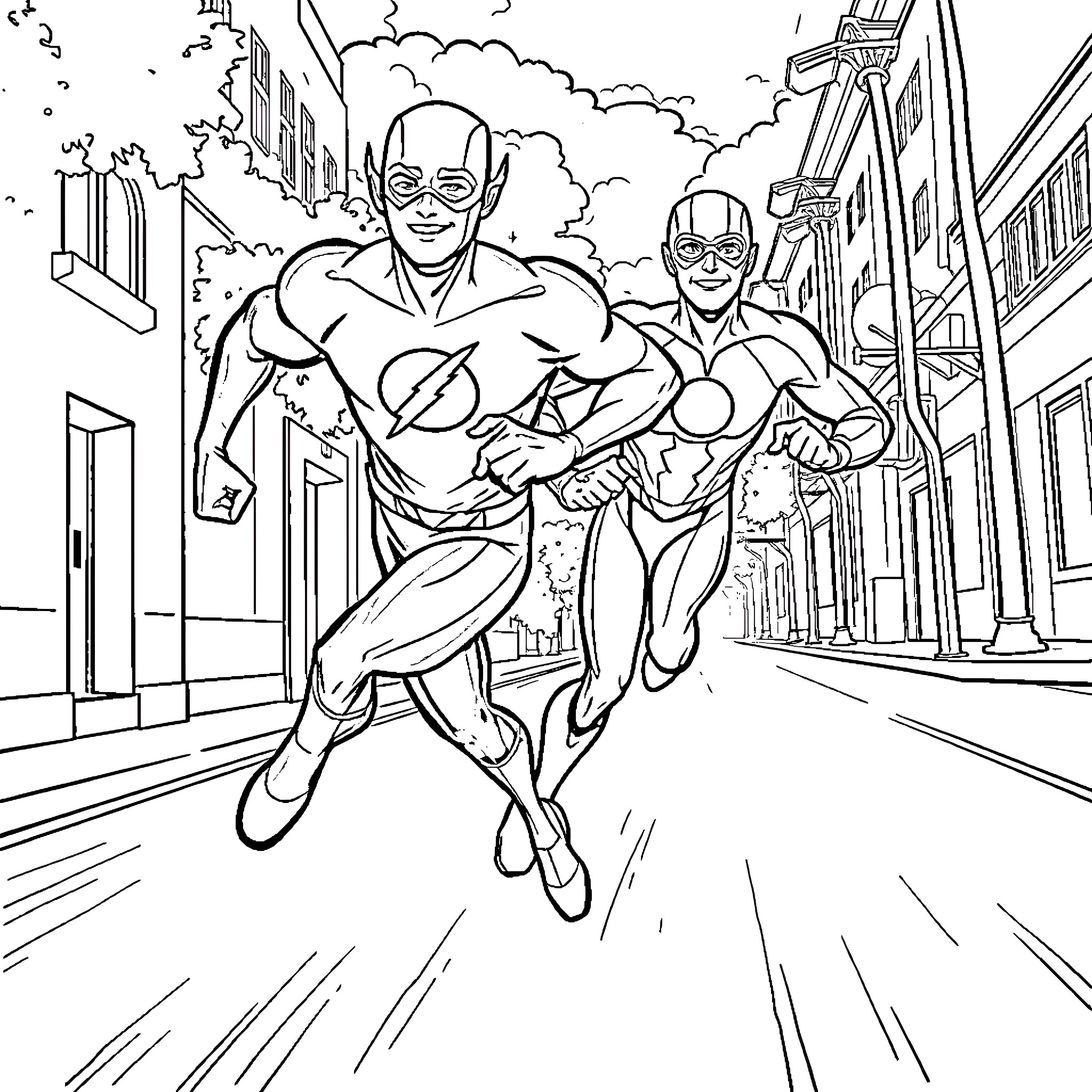 Flash Heroes Racing Through the City Coloring Page (free black-and-white line drawing printable PDF for all, from beginners to advanced learners, including children, teens, adults, and seniors)