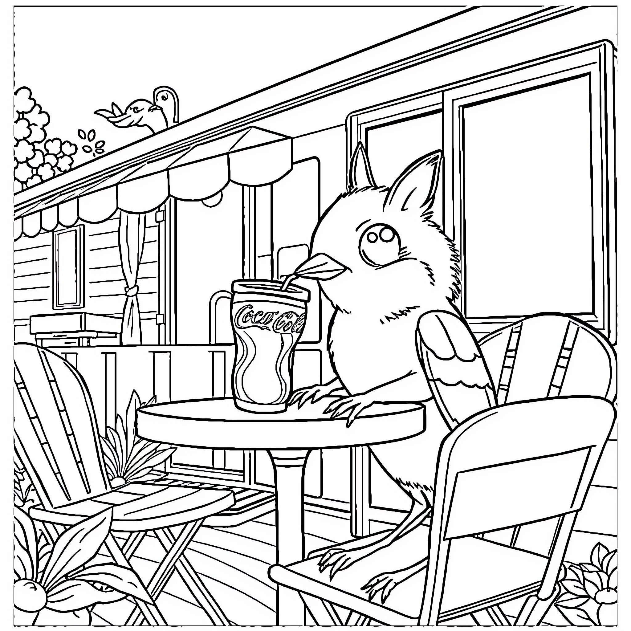 Spider enjoying a refreshing beverage on the porch Coloring Page (free black-and-white line drawing printable PDF for all, from beginners to advanced learners, including children, teens, adults, and seniors)