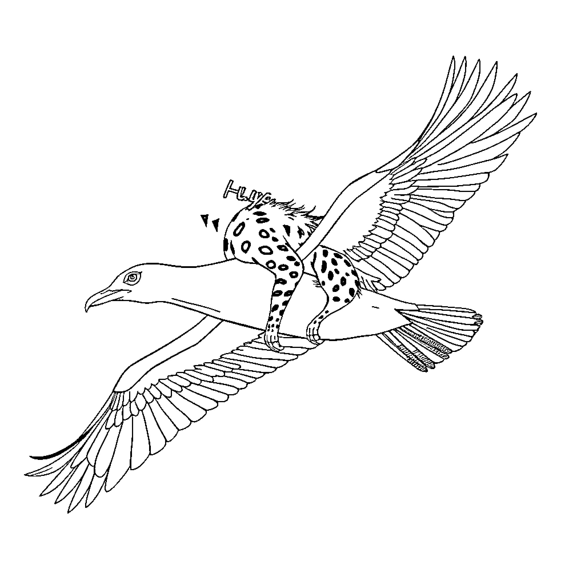 Hyena in flight with outstretched wings Coloring Page (free black-and-white line drawing printable PDF for all, from beginners to advanced learners, including children, teens, adults, and seniors)