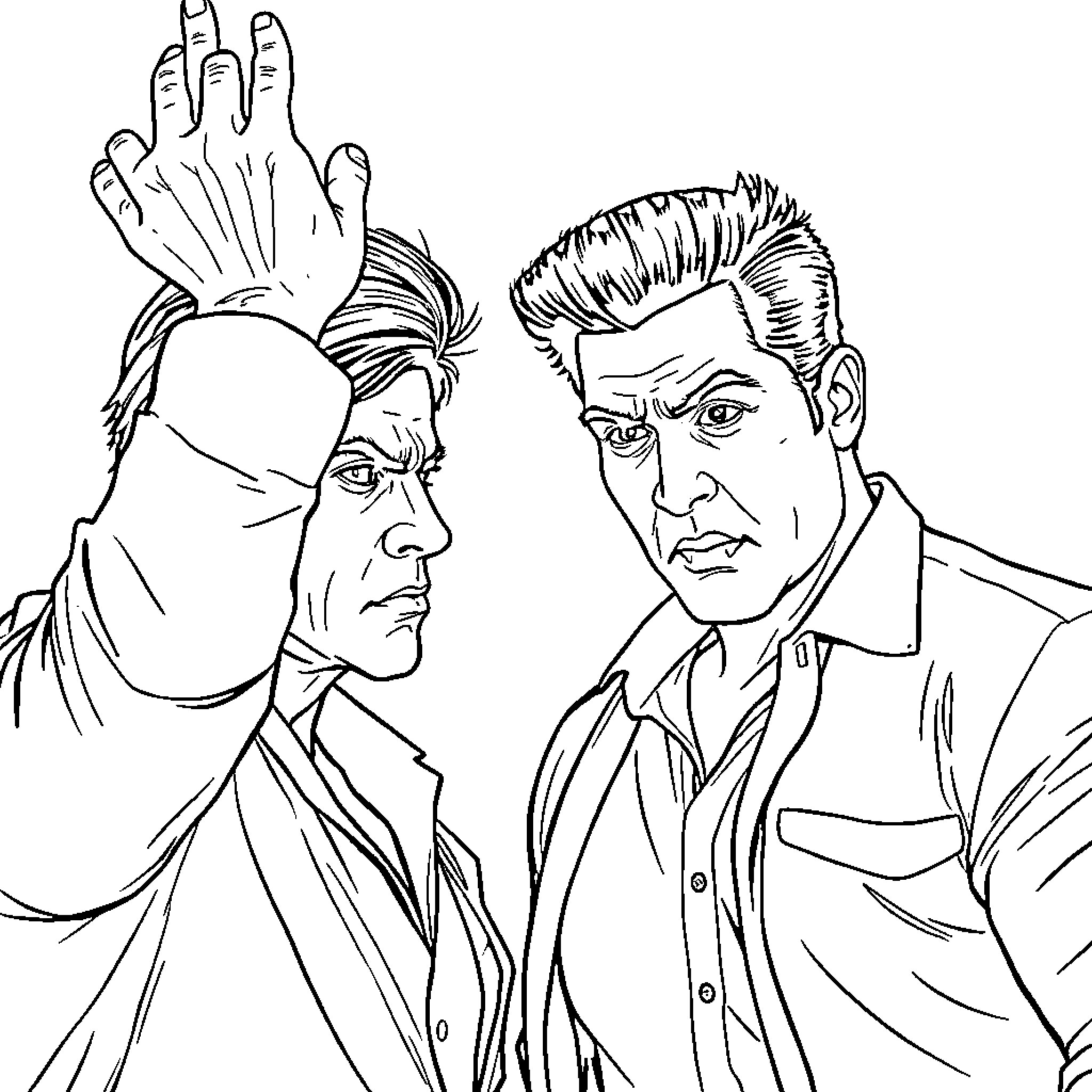 Sharukh Khan portrayed in a serious discussion Coloring Page (free black-and-white line drawing printable PDF for all, from beginners to advanced learners, including children, teens, adults, and seniors)