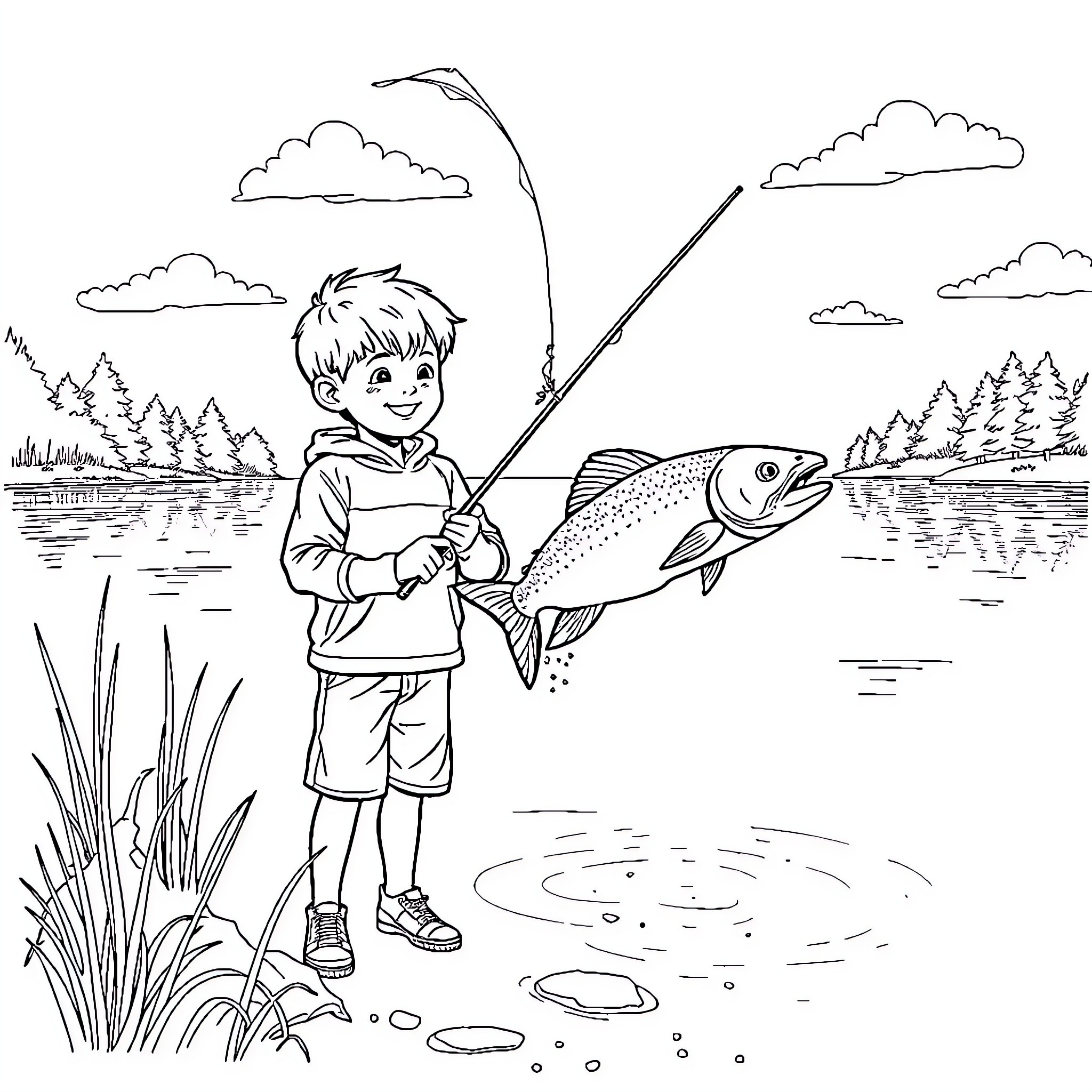 Kid fishing happily in the lake Coloring Page (free black-and-white line drawing printable PDF for all, from beginners to advanced learners, including children, teens, adults, and seniors)