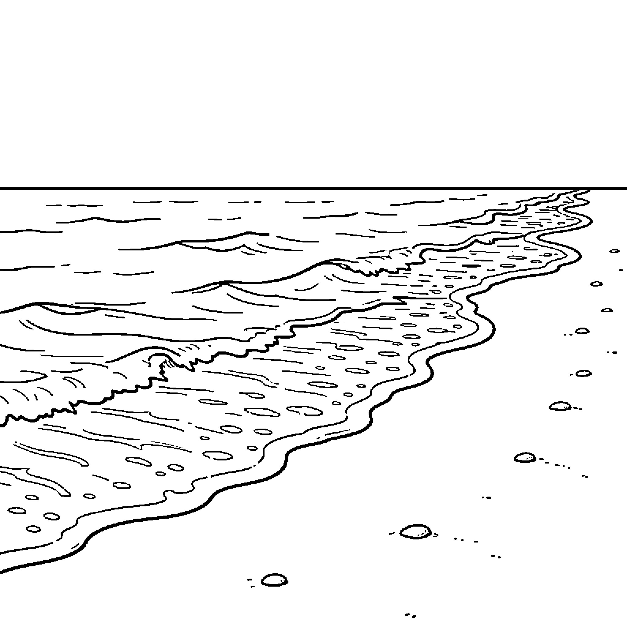 Beach waves gently washing onto the sandy shore Coloring Page (free black-and-white line drawing printable PDF for all, from beginners to advanced learners, including children, teens, adults, and seniors)