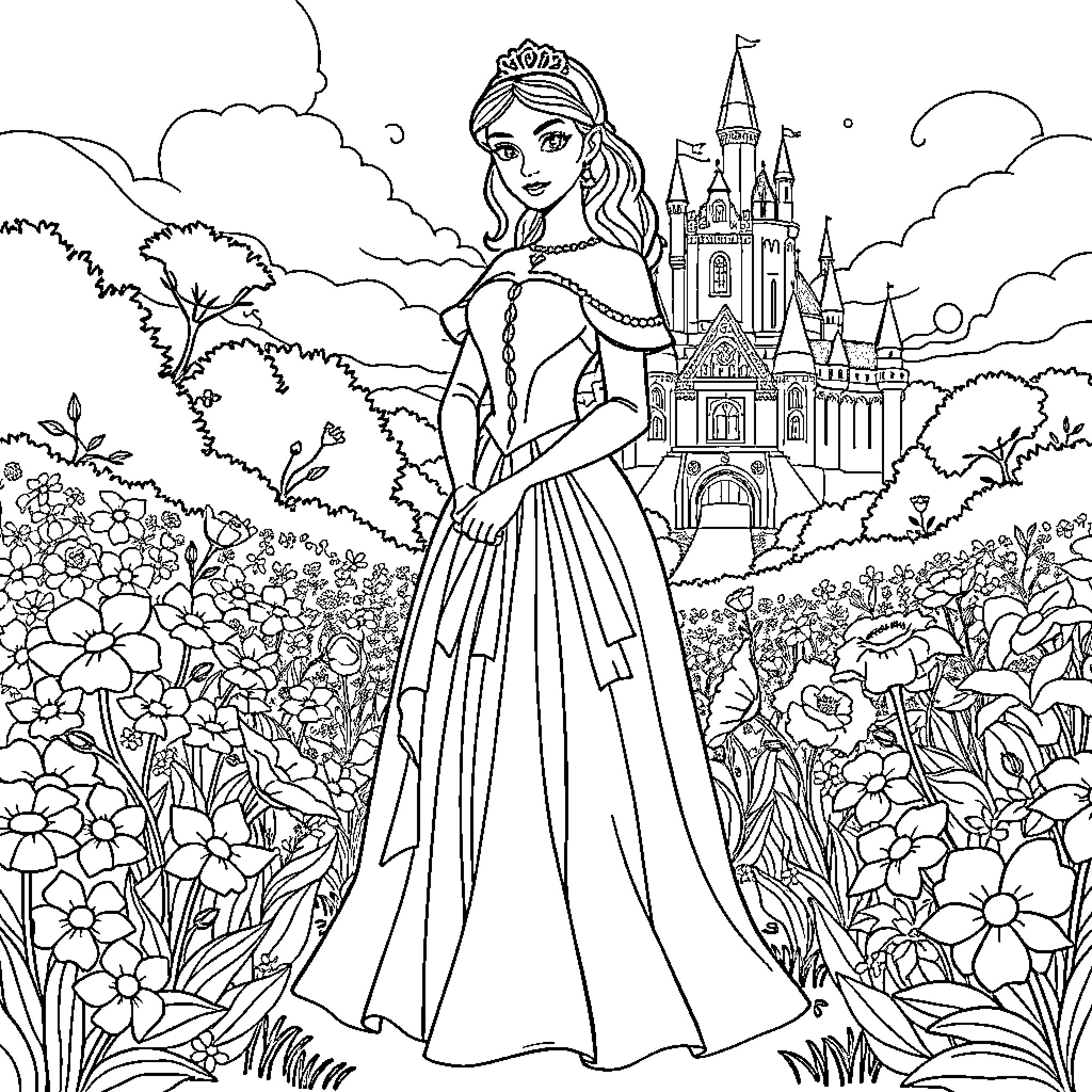Princess in Majestic Castle Garden Coloring Page (free black-and-white line drawing printable PDF for all, from beginners to advanced learners, including children, teens, adults, and seniors)