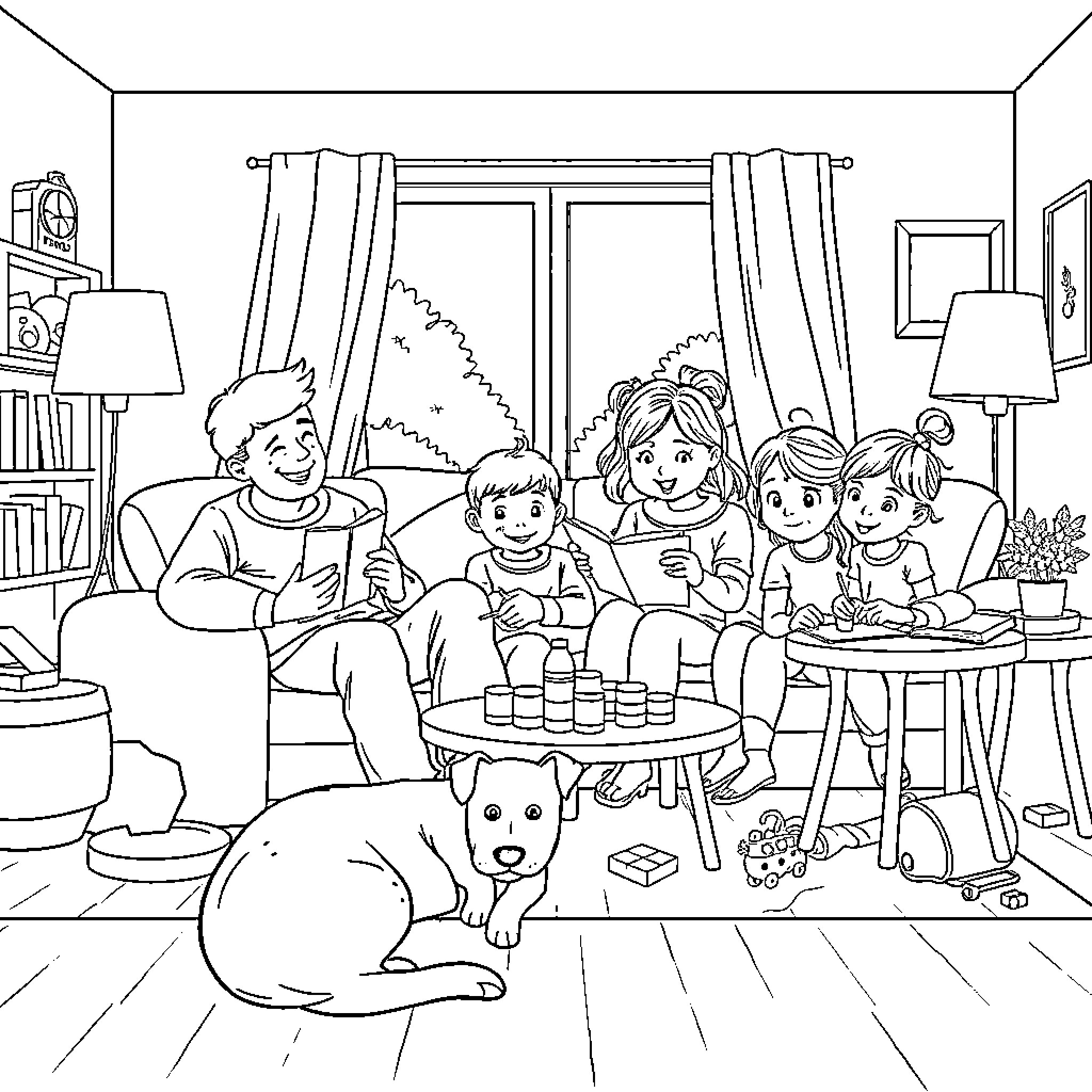 Family Enjoying Quality Time Together at Home Coloring Page (free black-and-white line drawing printable PDF for all, from beginners to advanced learners, including children, teens, adults, and seniors)