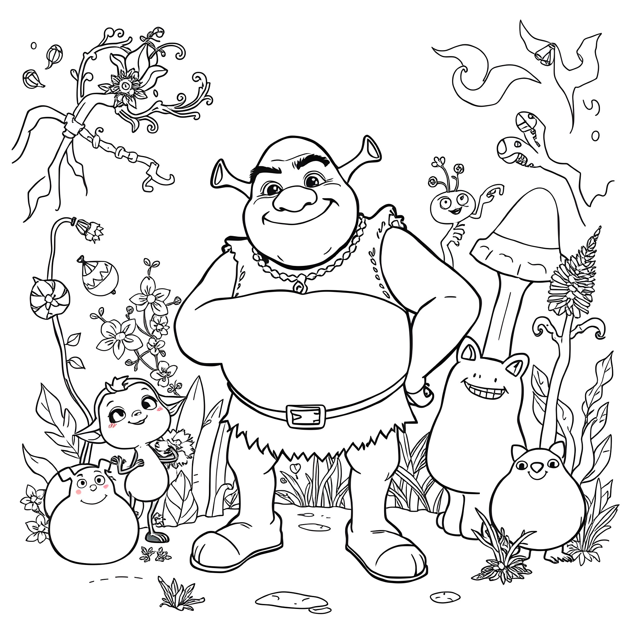 Shrek and friends in a whimsical forest scene Coloring Page (free black-and-white line drawing printable PDF for all, from beginners to advanced learners, including children, teens, adults, and seniors)