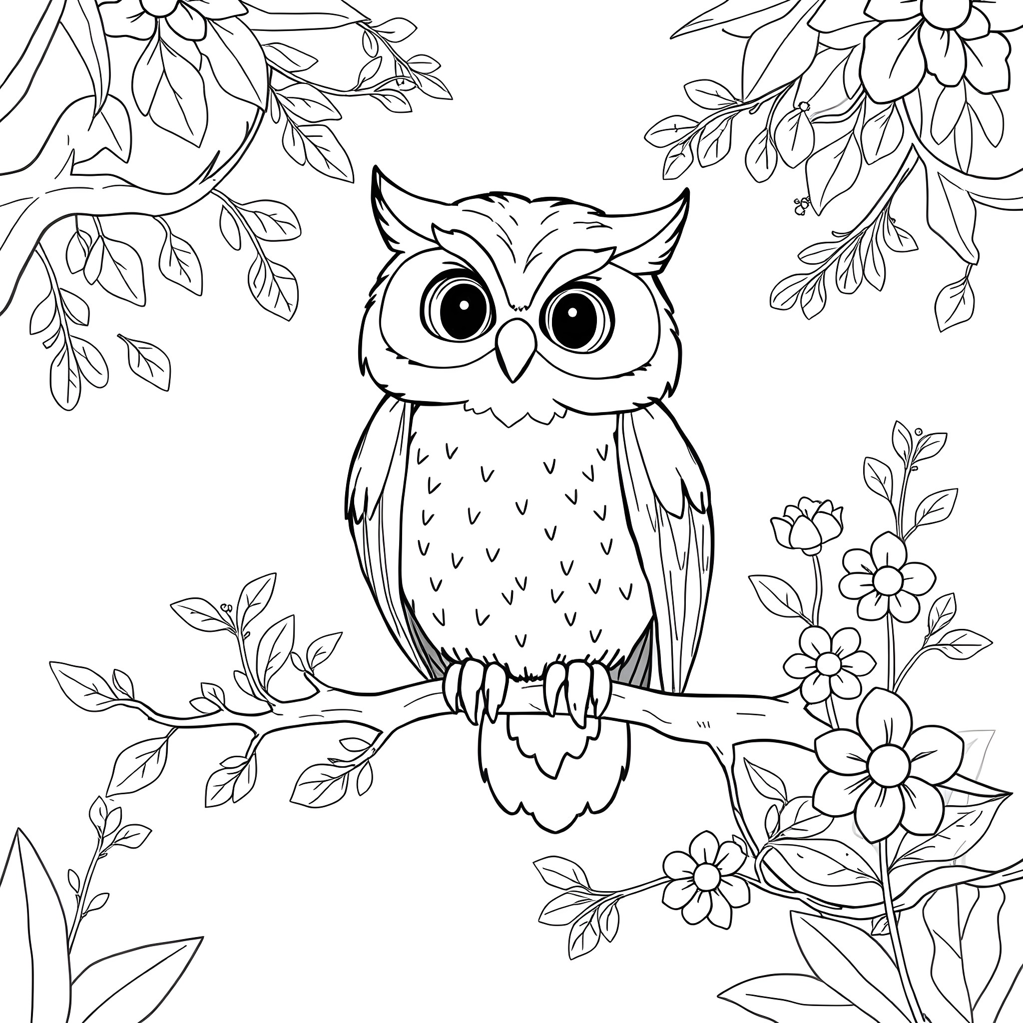 Owl perched on branch surrounded by flowers Coloring Page (free black-and-white line drawing printable PDF for all, from beginners to advanced learners, including children, teens, adults, and seniors)
