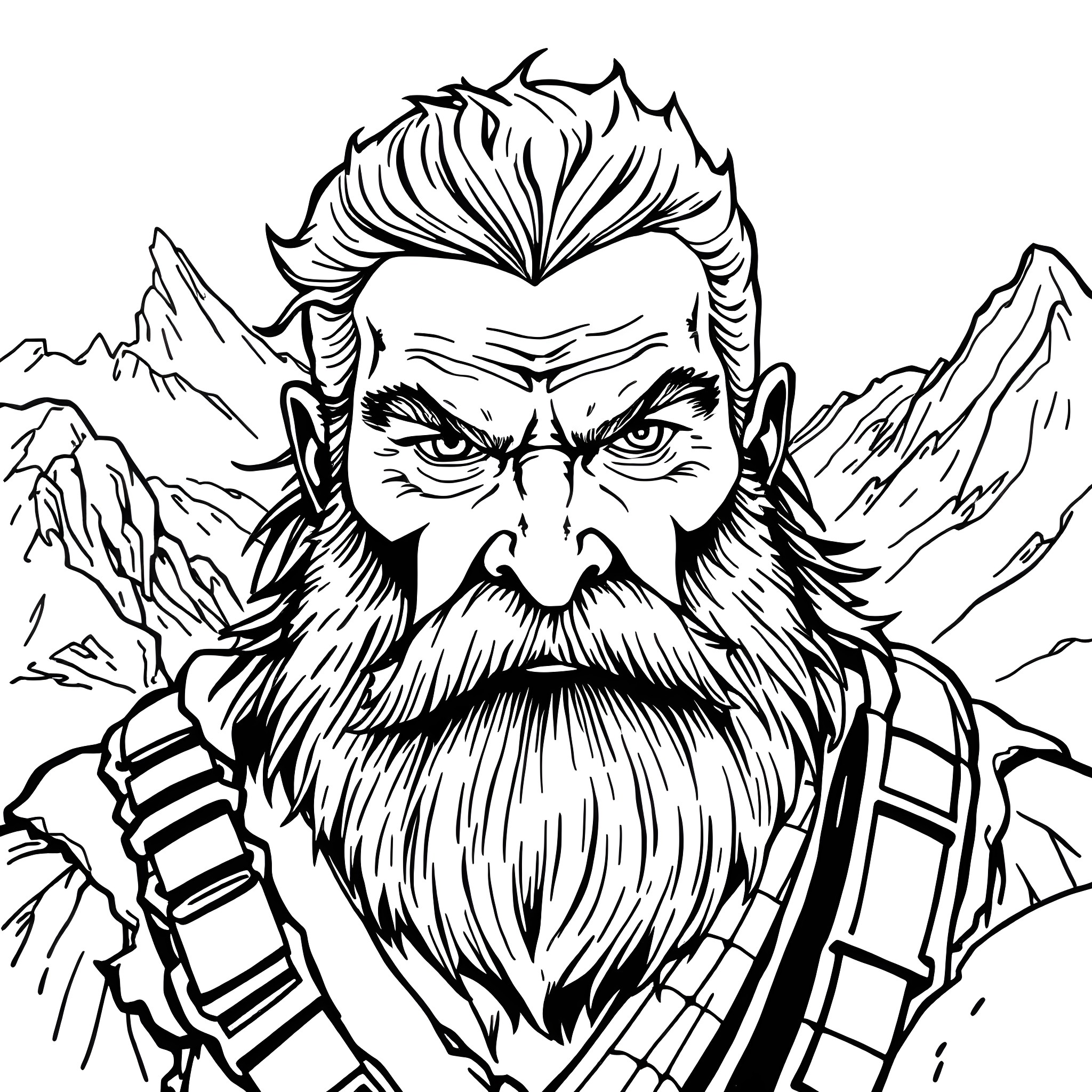Gruff mountain man with fierce expression Coloring Page (free black-and-white line drawing printable PDF for all, from beginners to advanced learners, including children, teens, adults, and seniors)
