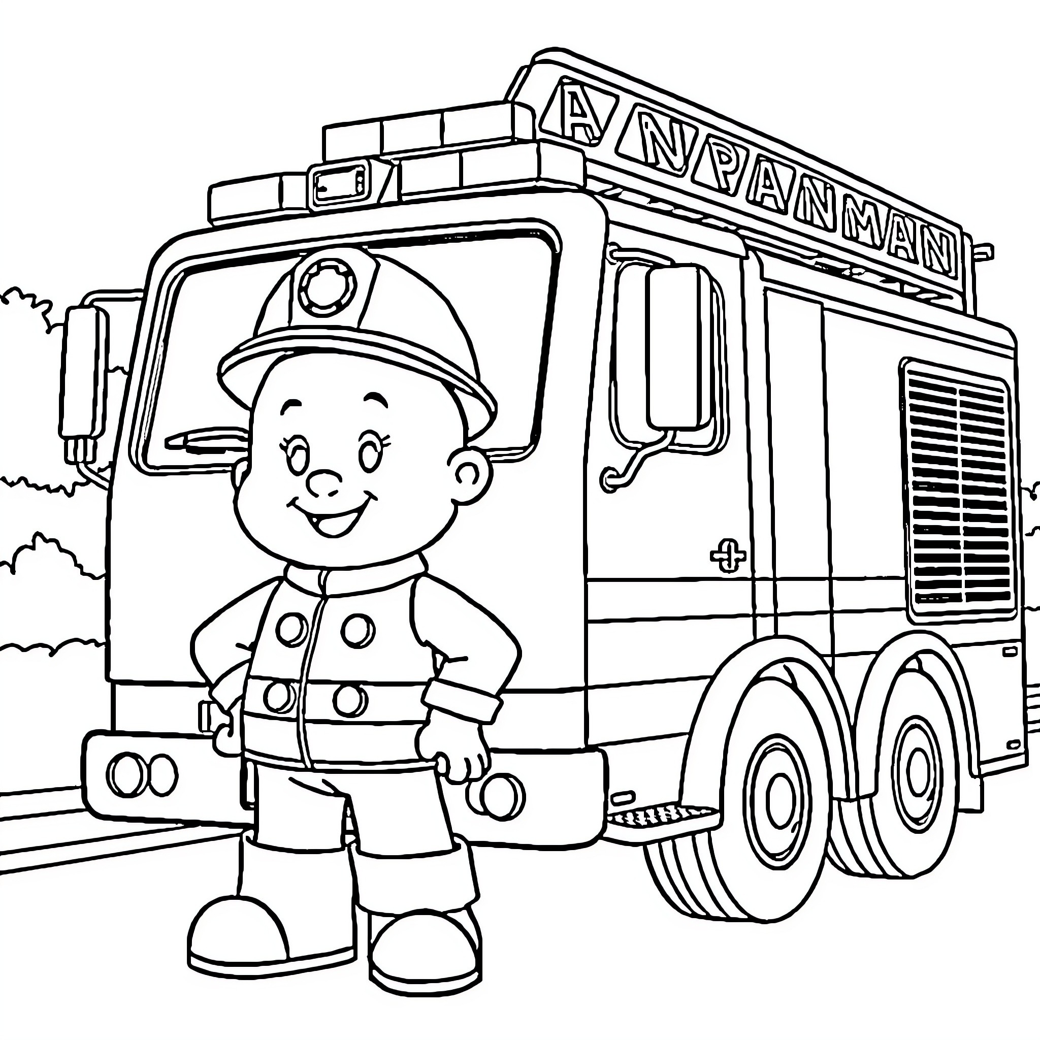 Anpanman standing next to a large fire engine Coloring Page (free black-and-white line drawing printable PDF for all, from beginners to advanced learners, including children, teens, adults, and seniors)