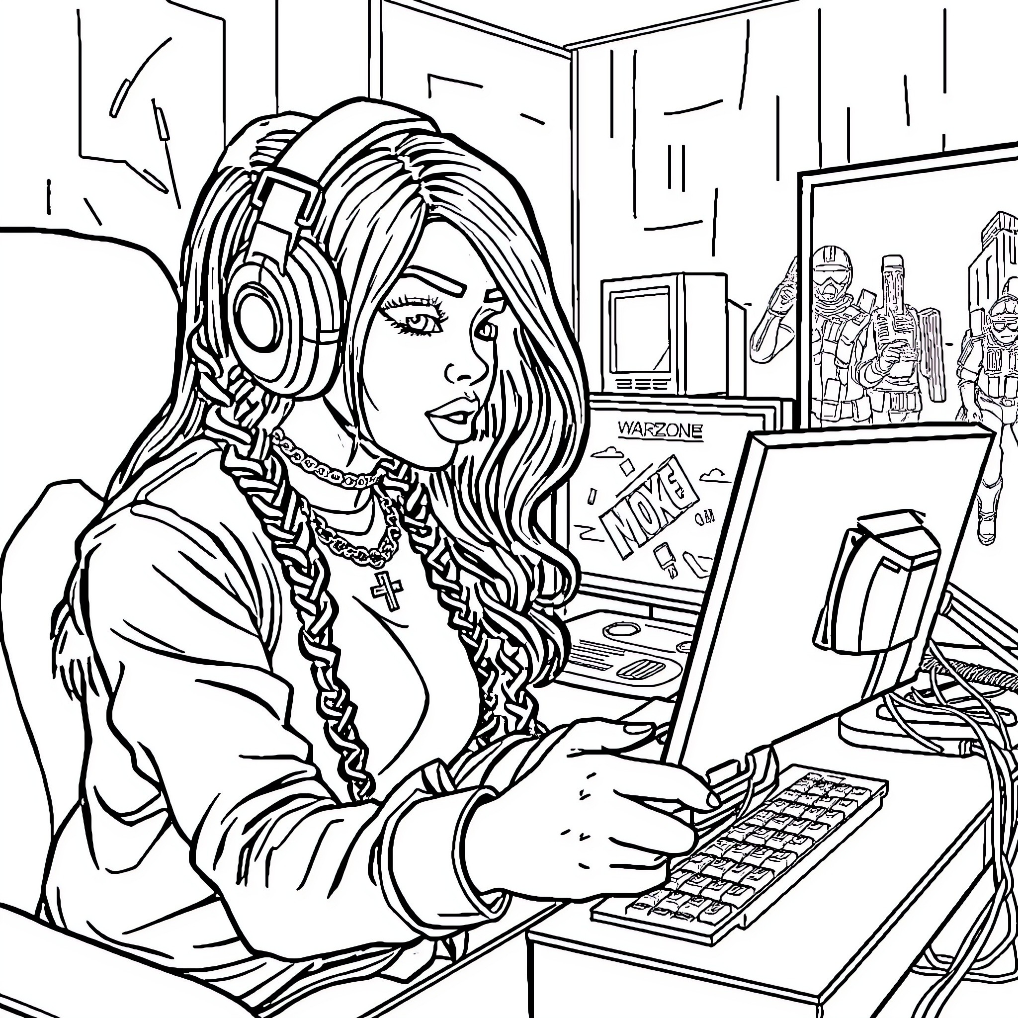 Nicki Minaj in the studio working on her latest project Coloring Page (free black-and-white line drawing printable PDF for all, from beginners to advanced learners, including children, teens, adults, and seniors)