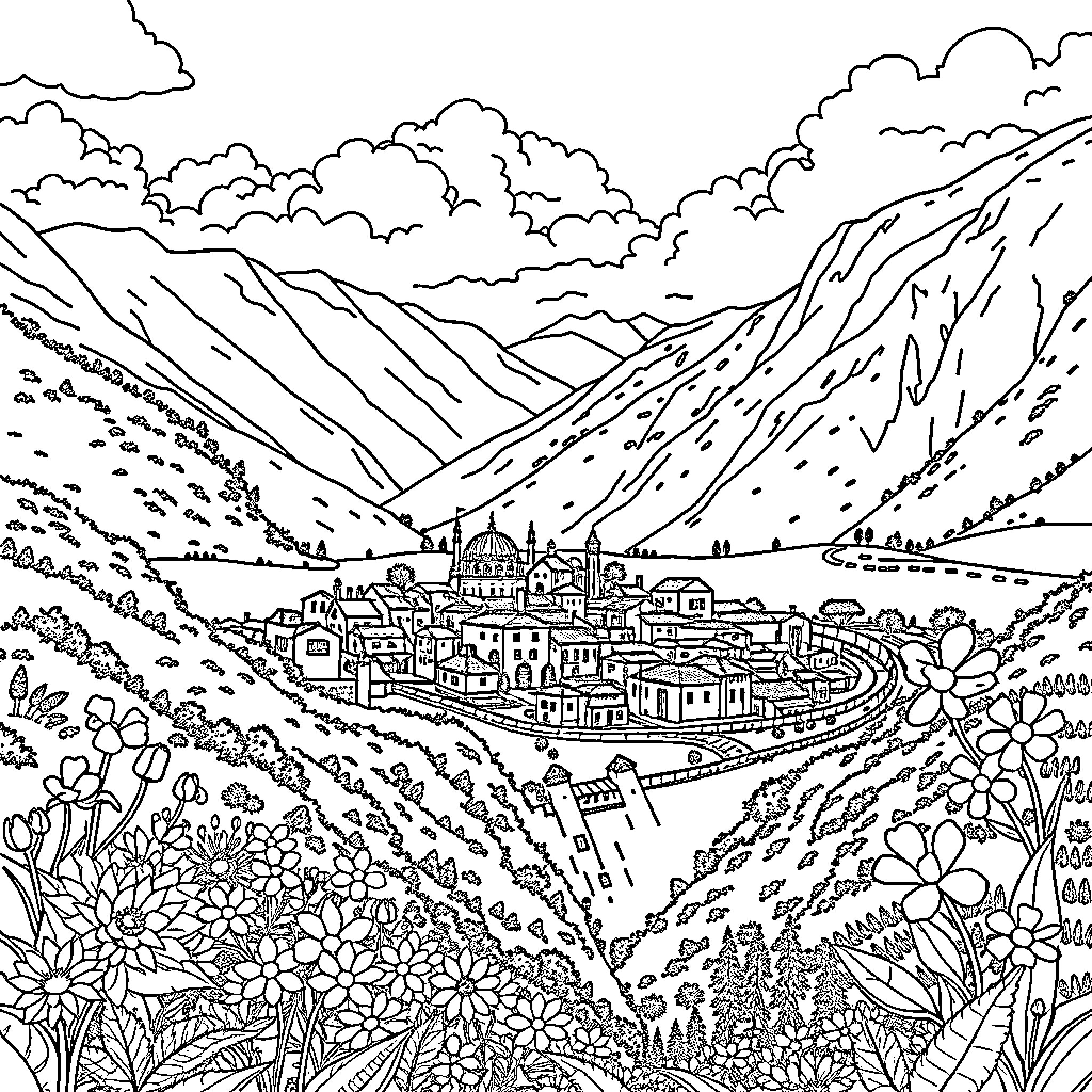 Jayuco: Quaint Village in Vibrant Landscape Coloring Page (free black-and-white line drawing printable PDF for all, from beginners to advanced learners, including children, teens, adults, and seniors)