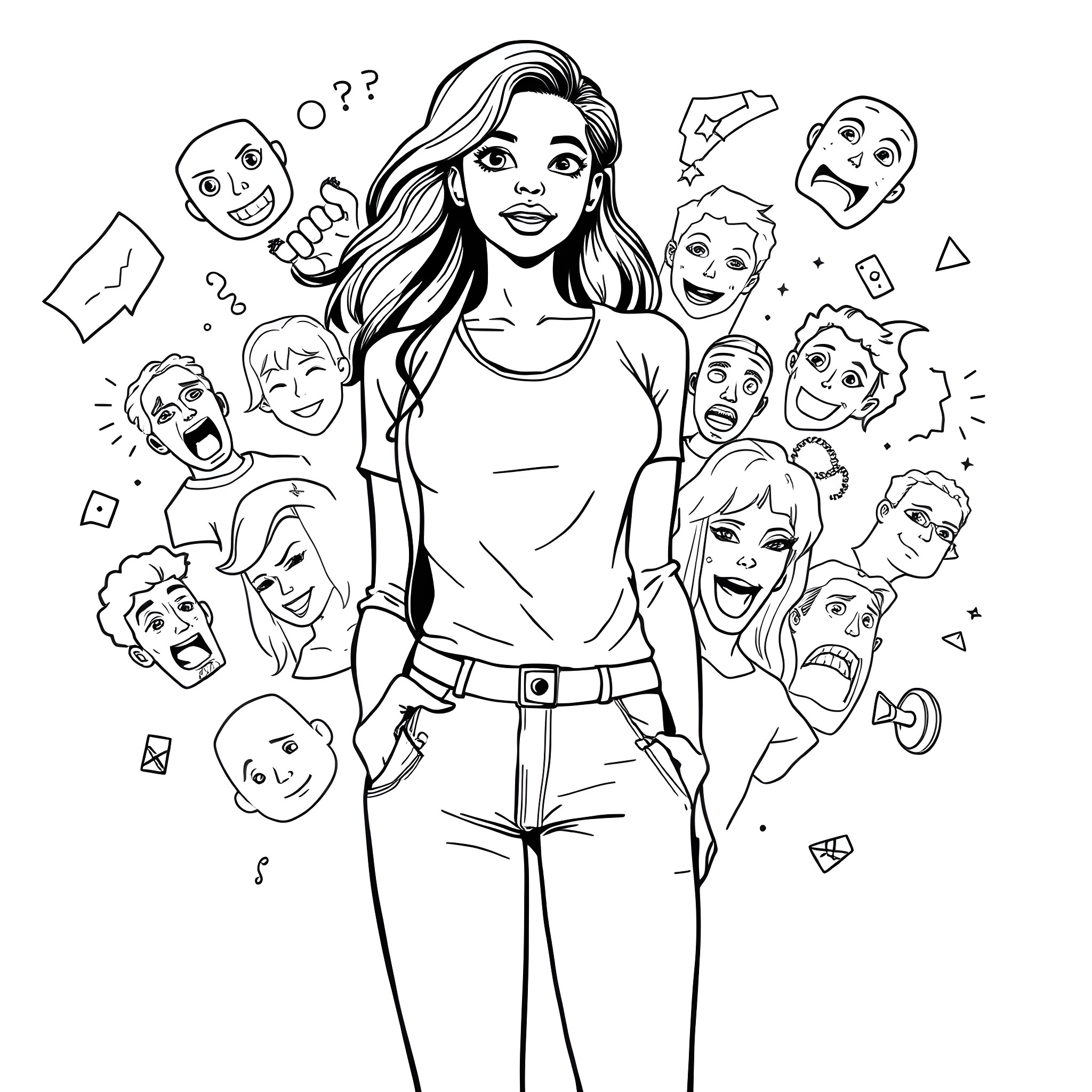 Girl surrounded by various emotional expressions Coloring Page (free black-and-white line drawing printable PDF for all, from beginners to advanced learners, including children, teens, adults, and seniors)
