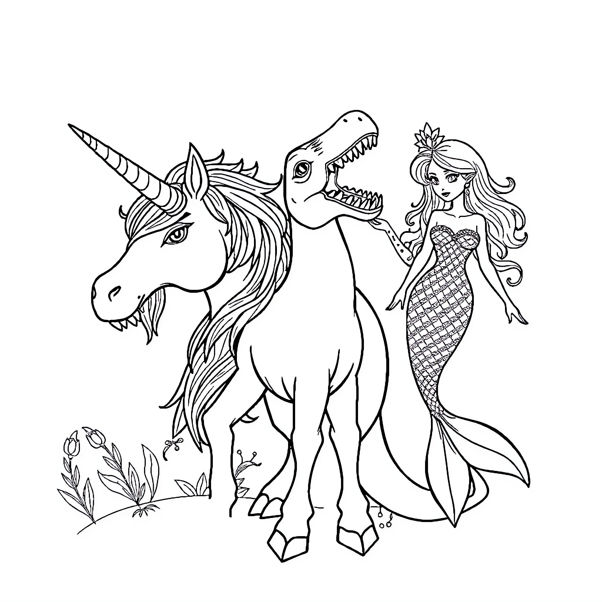 Unicorn Dinosaur Mermaid in Fantastical Adventure Coloring Page (free black-and-white line drawing printable PDF for all, from beginners to advanced learners, including children, teens, adults, and seniors)