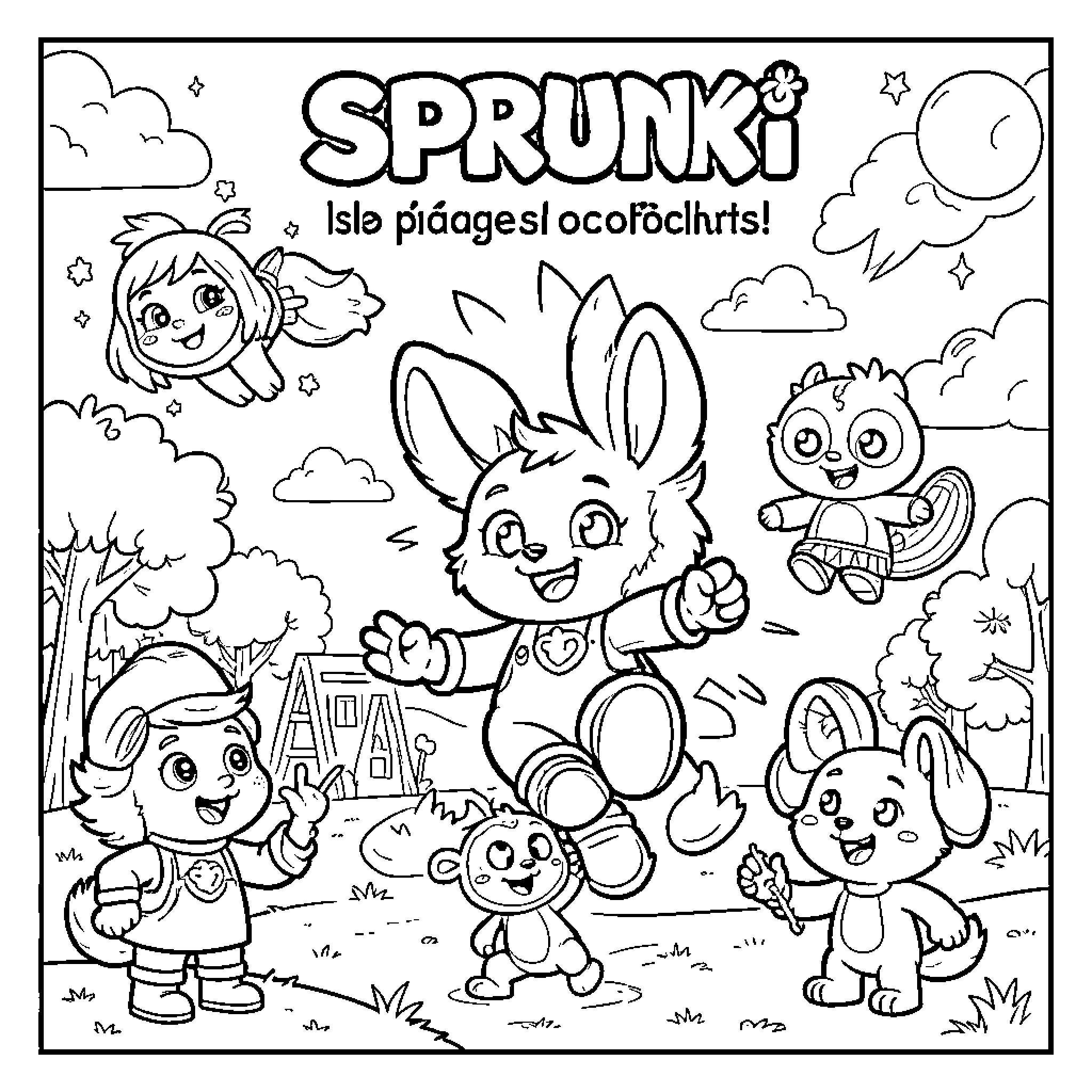 Sprunk: Playful Friends in Cartoon World Coloring Page (free black-and-white line drawing printable PDF for all, from beginners to advanced learners, including children, teens, adults, and seniors)
