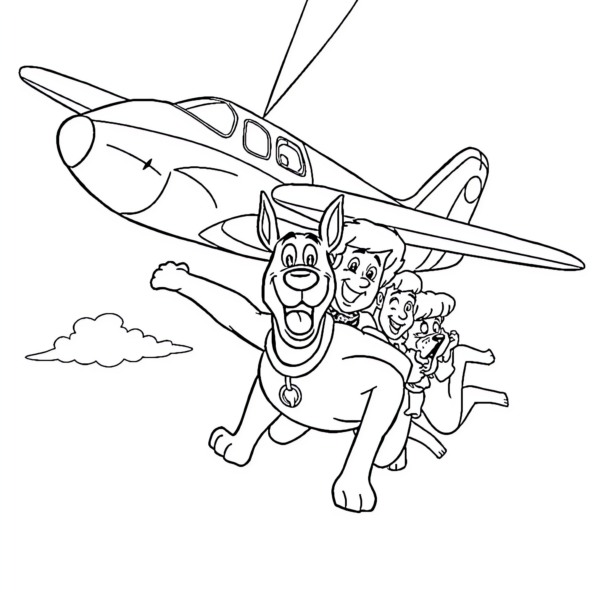 Scooby Doo and friends in a flying adventure Coloring Page (free black-and-white line drawing printable PDF for all, from beginners to advanced learners, including children, teens, adults, and seniors)