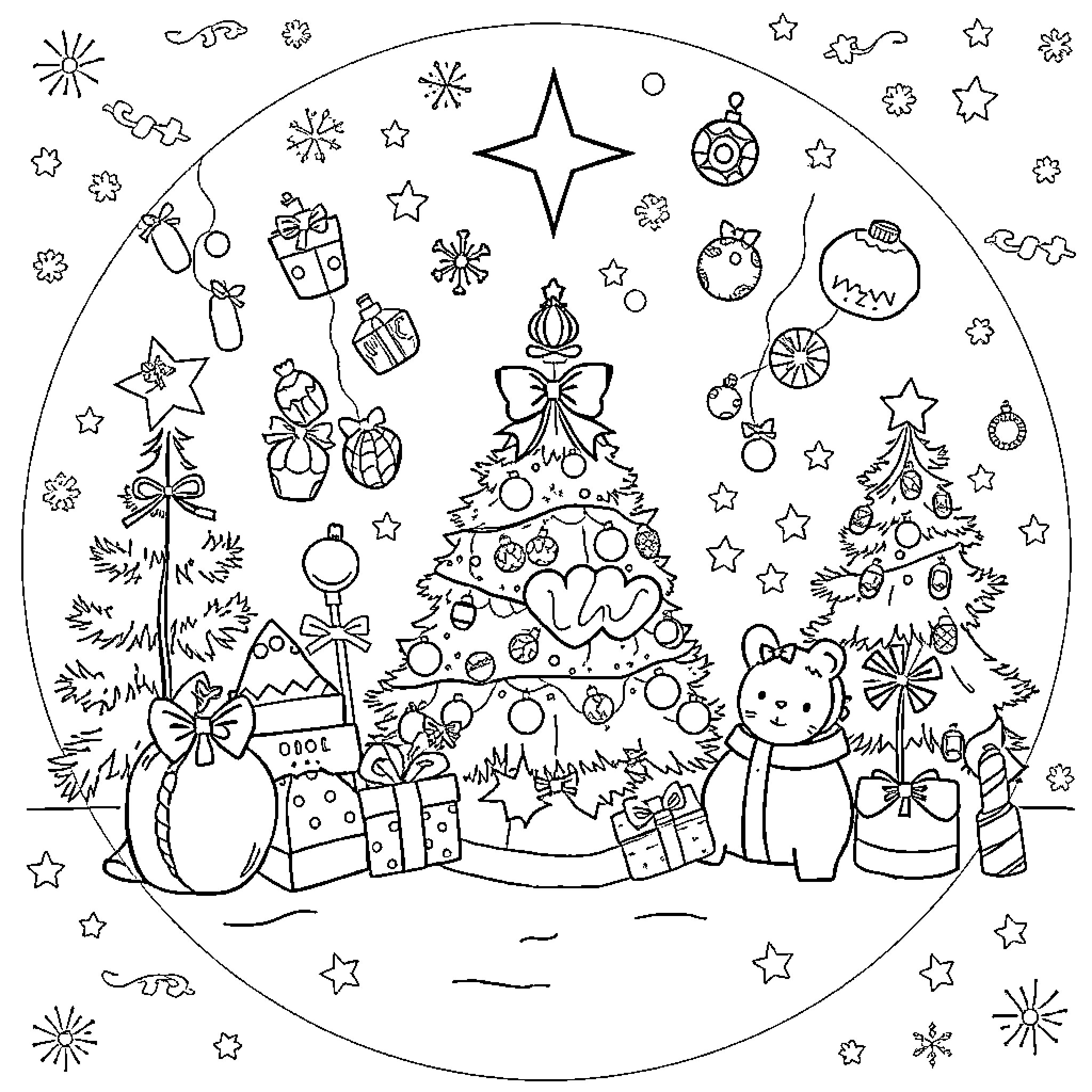 Christmas toys and decorations around a festive tree Coloring Page (free black-and-white line drawing printable PDF for all, from beginners to advanced learners, including children, teens, adults, and seniors)