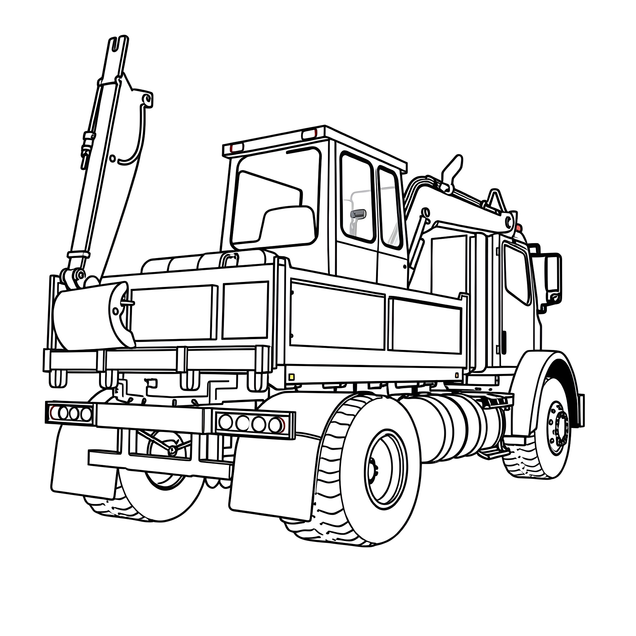 Digger truck loading heavy materials Coloring Page (free black-and-white line drawing printable PDF for all, from beginners to advanced learners, including children, teens, adults, and seniors)