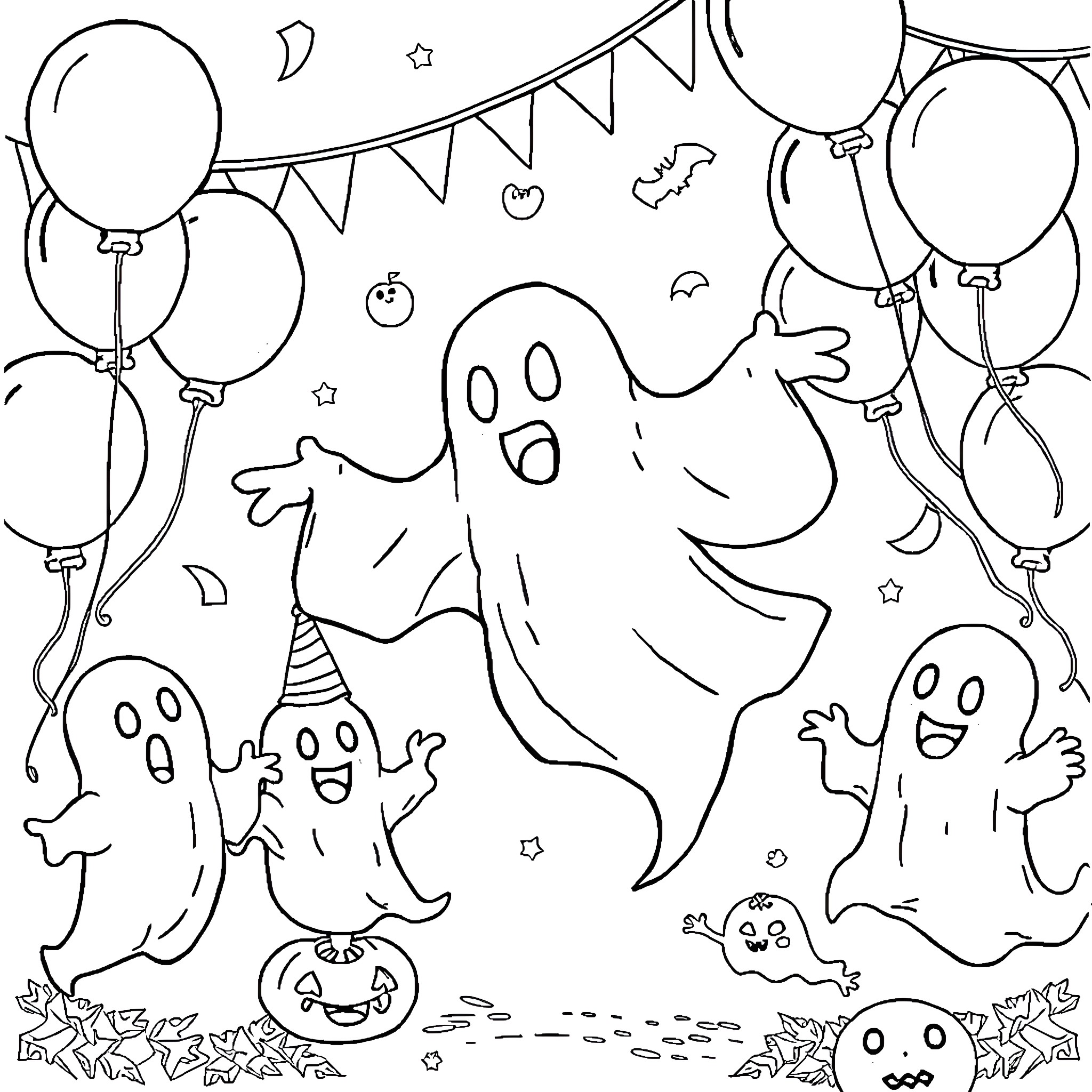 Ghost Party with Spooky Balloons and Decorations Coloring Page (free black-and-white line drawing printable PDF for all, from beginners to advanced learners, including children, teens, adults, and seniors)