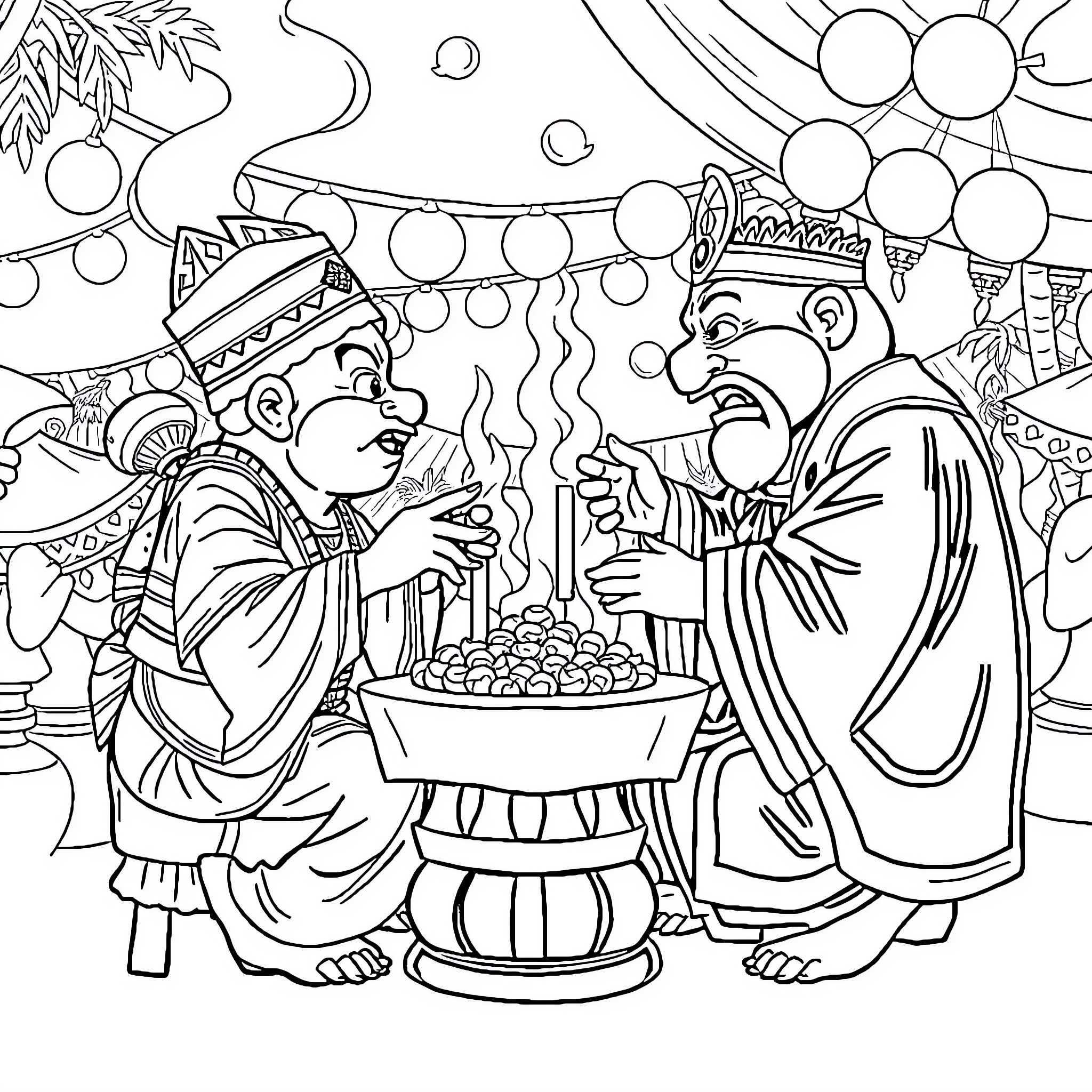 Labubu Celebrating Traditional Festivities with Friends Coloring Page (free black-and-white line drawing printable PDF for all, from beginners to advanced learners, including children, teens, adults, and seniors)