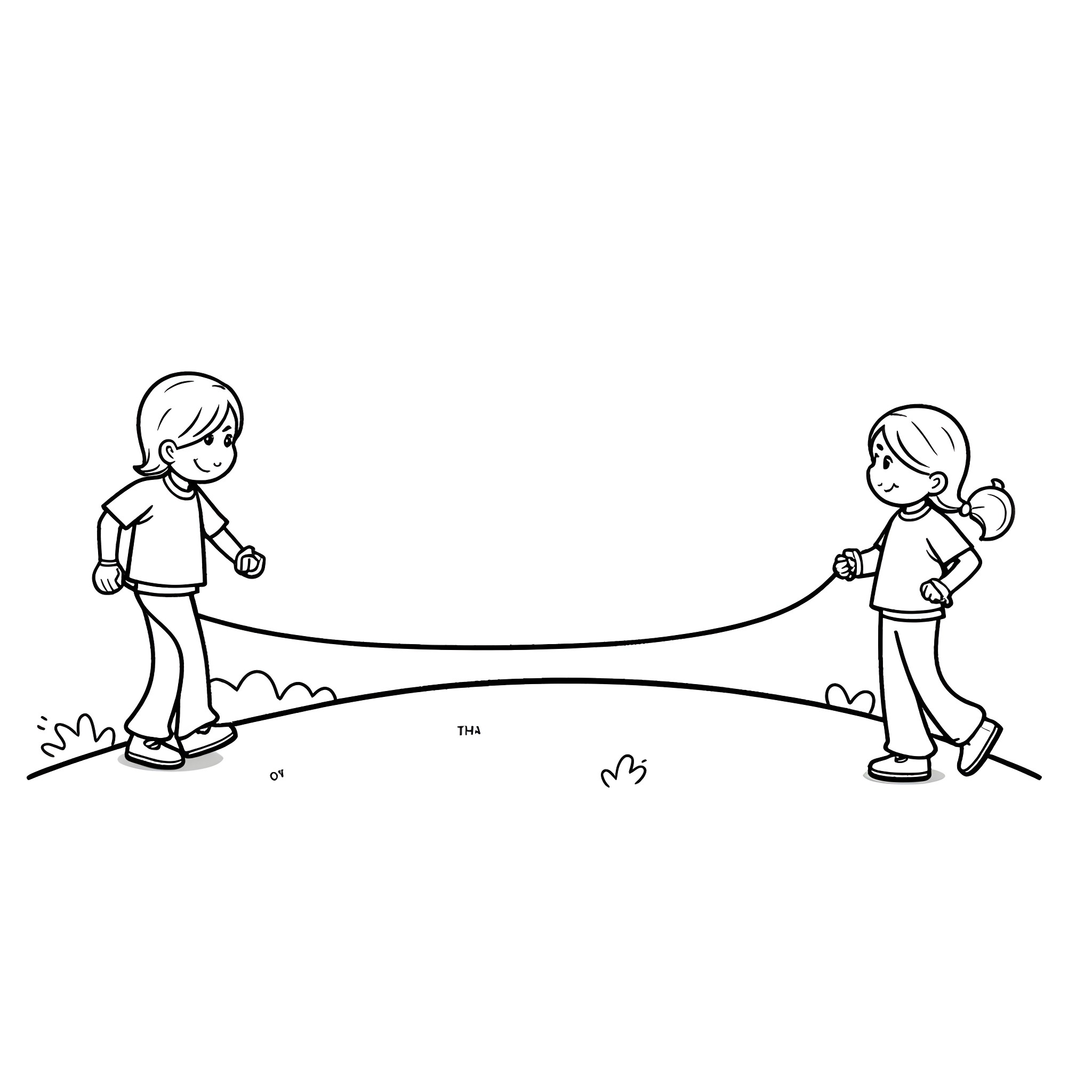 Kid friends pulling a rope together Coloring Page (free black-and-white line drawing printable PDF for all, from beginners to advanced learners, including children, teens, adults, and seniors)