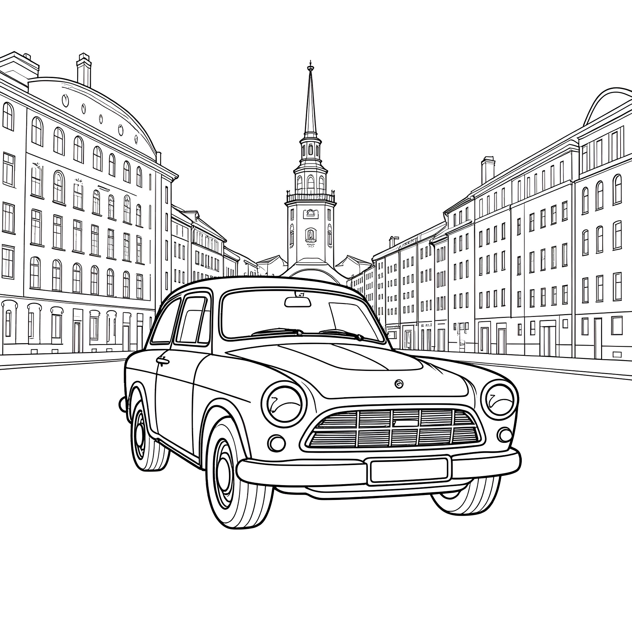 Volvo classic car on a city street Coloring Page (free black-and-white line drawing printable PDF for all, from beginners to advanced learners, including children, teens, adults, and seniors)