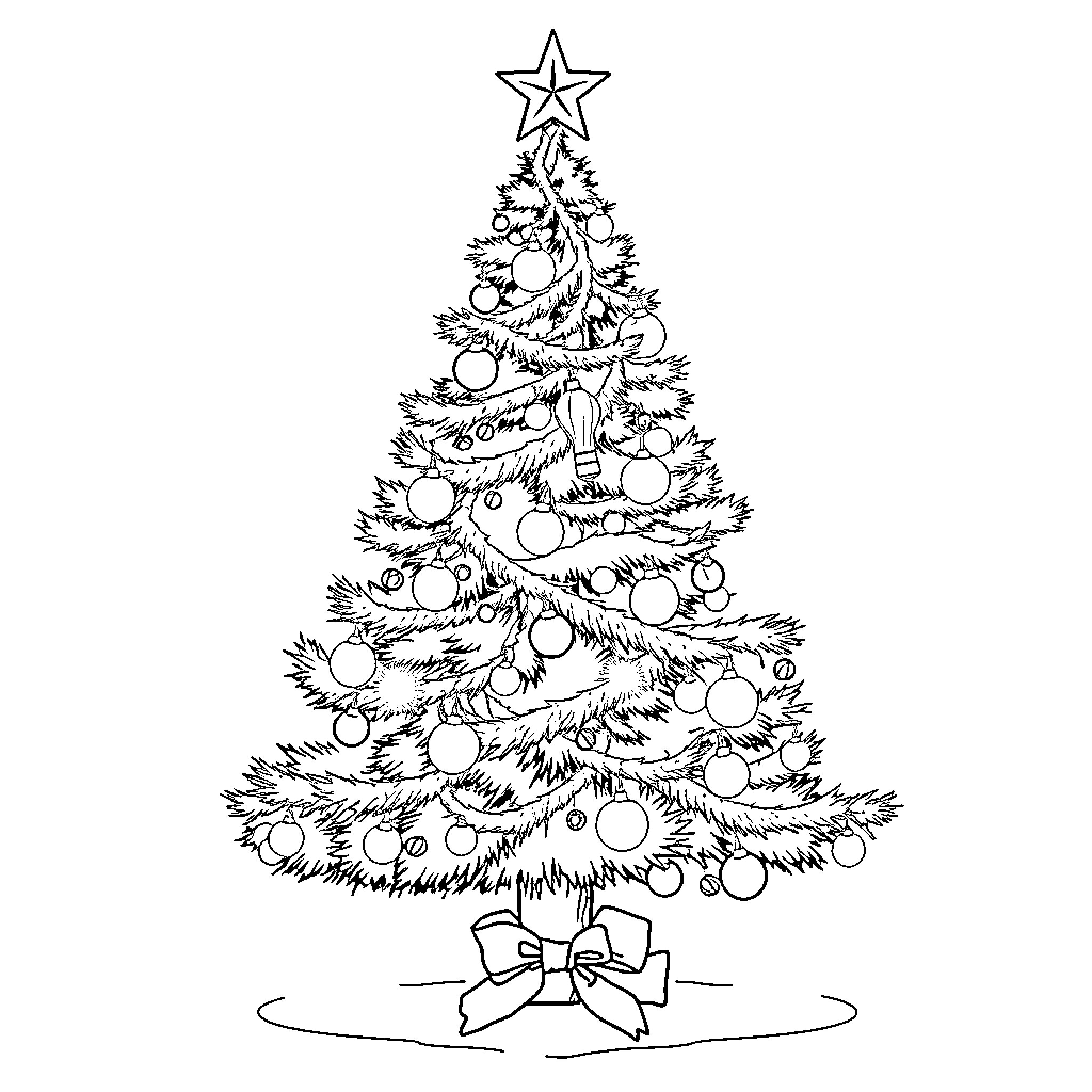 Christmas Tree Decorated with Ornaments and Bows Coloring Page (free black-and-white line drawing printable PDF for all, from beginners to advanced learners, including children, teens, adults, and seniors)