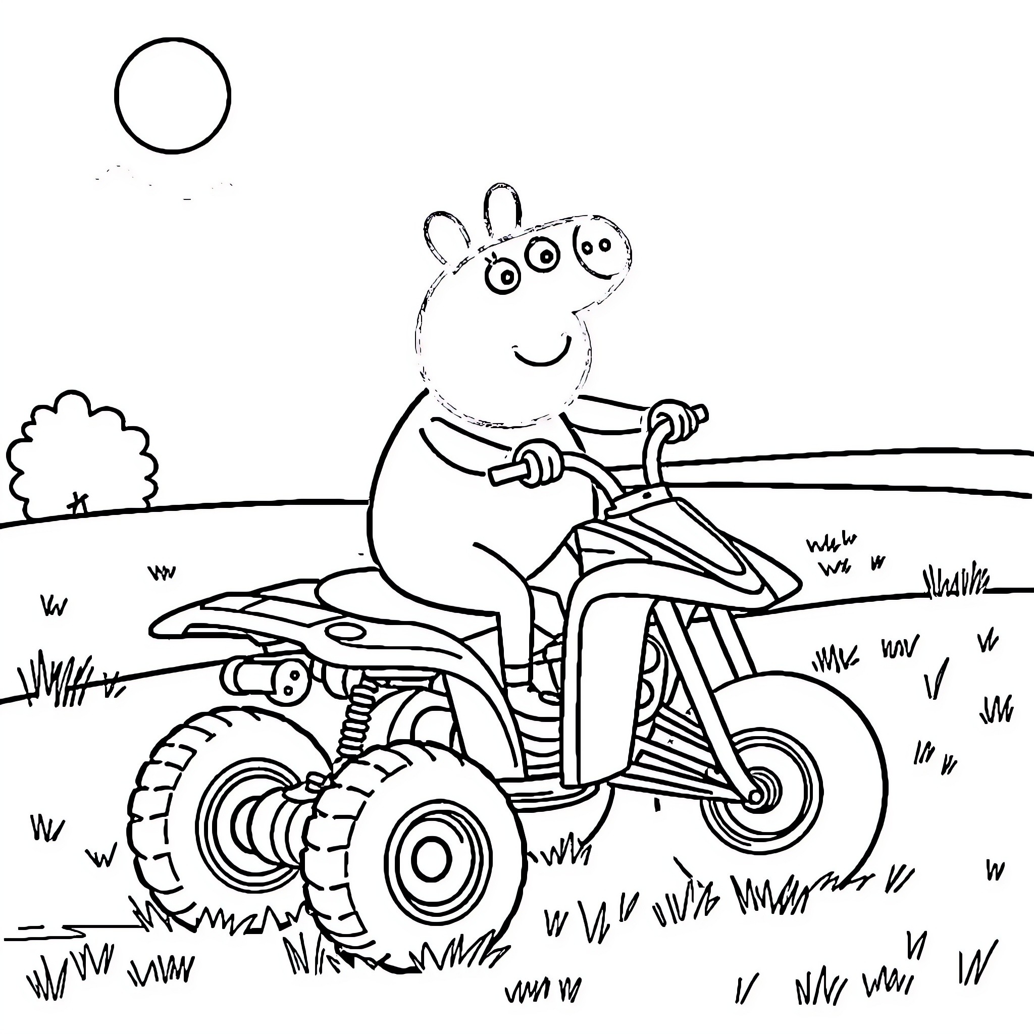 Peppa Pig riding a four-wheeler in the countryside Coloring Page (free black-and-white line drawing printable PDF for all, from beginners to advanced learners, including children, teens, adults, and seniors)