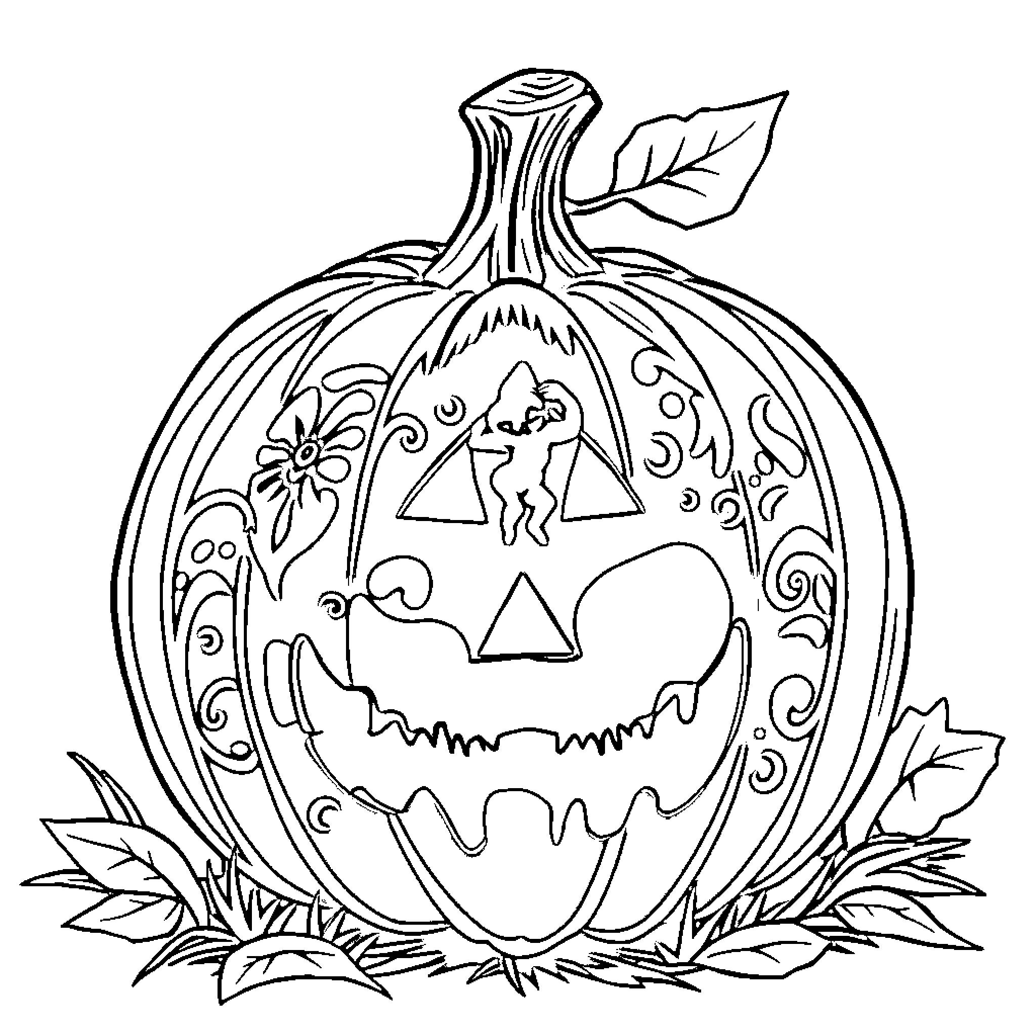 Pumpkin with intricate jack-o'-lantern design Coloring Page (free black-and-white line drawing printable PDF for all, from beginners to advanced learners, including children, teens, adults, and seniors)