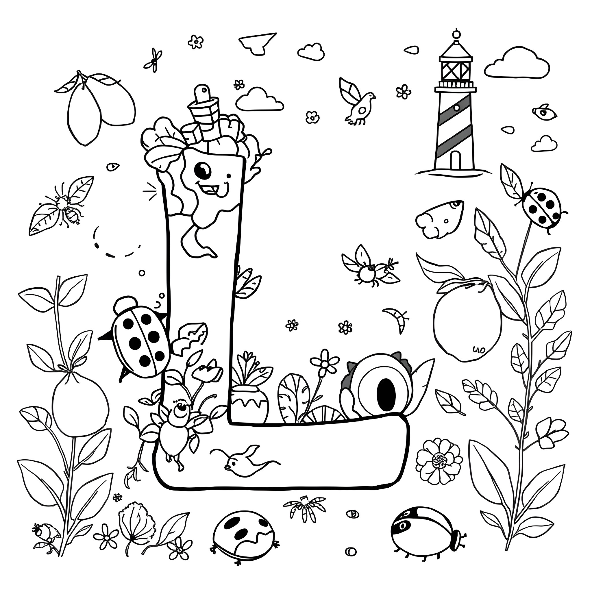 Letter L in Nature: Playful Bugs and Whimsical Scenery Coloring Page (free black-and-white line drawing printable PDF for all, from beginners to advanced learners, including children, teens, adults, and seniors)