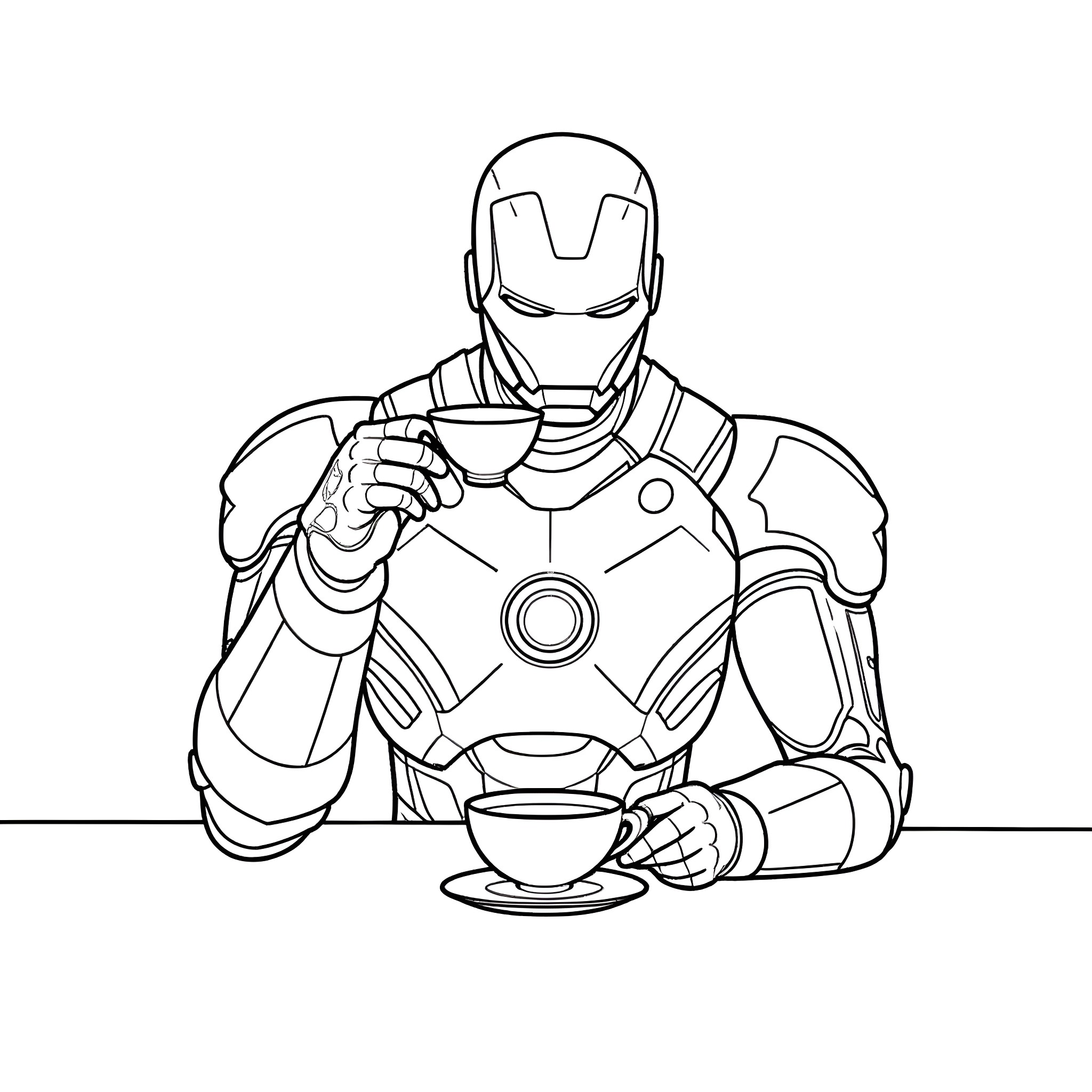 Iron Man enjoying a cup of coffee Coloring Page (free black-and-white line drawing printable PDF for all, from beginners to advanced learners, including children, teens, adults, and seniors)