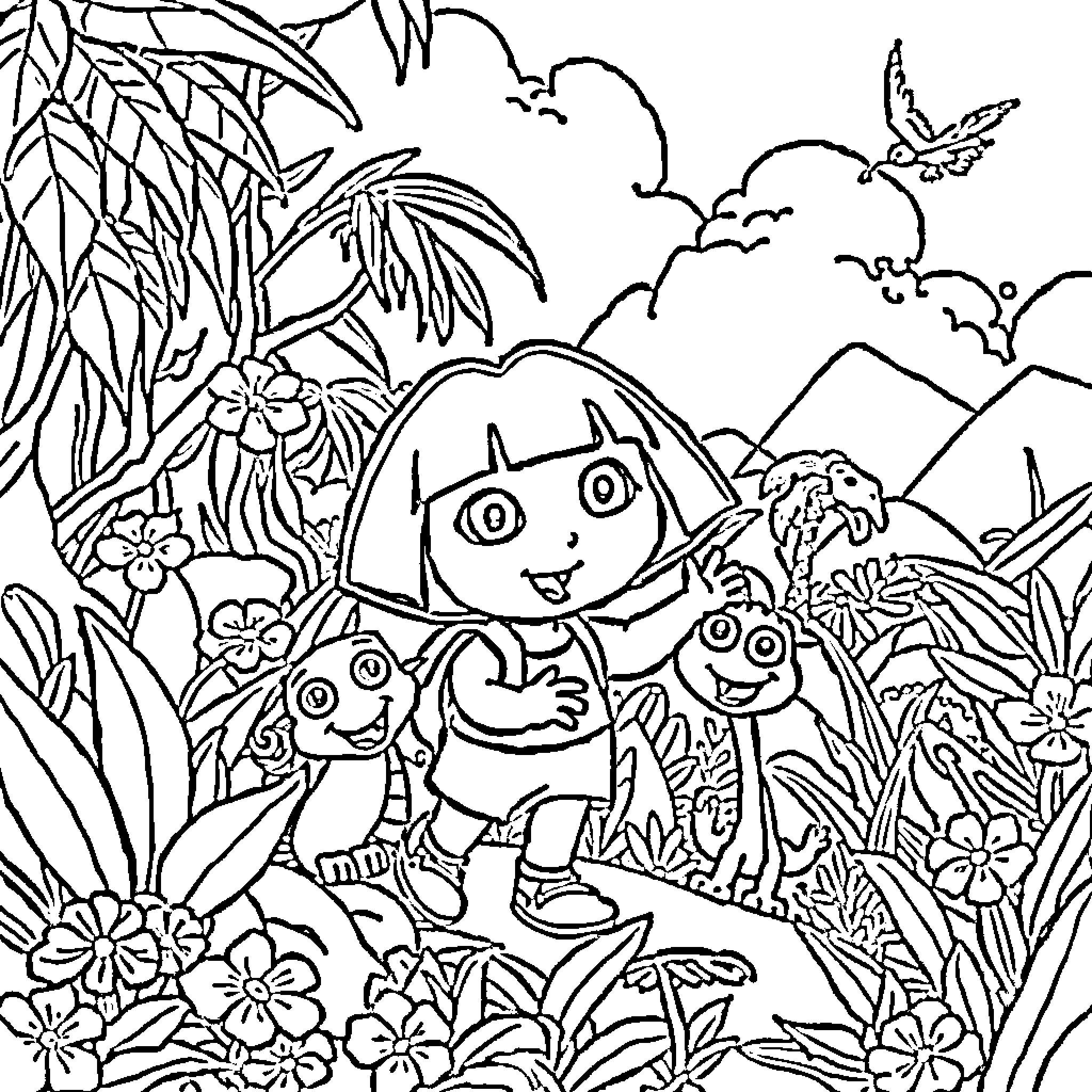 Dora Exploring the Lush Jungle Landscape Coloring Page (free black-and-white line drawing printable PDF for all, from beginners to advanced learners, including children, teens, adults, and seniors)
