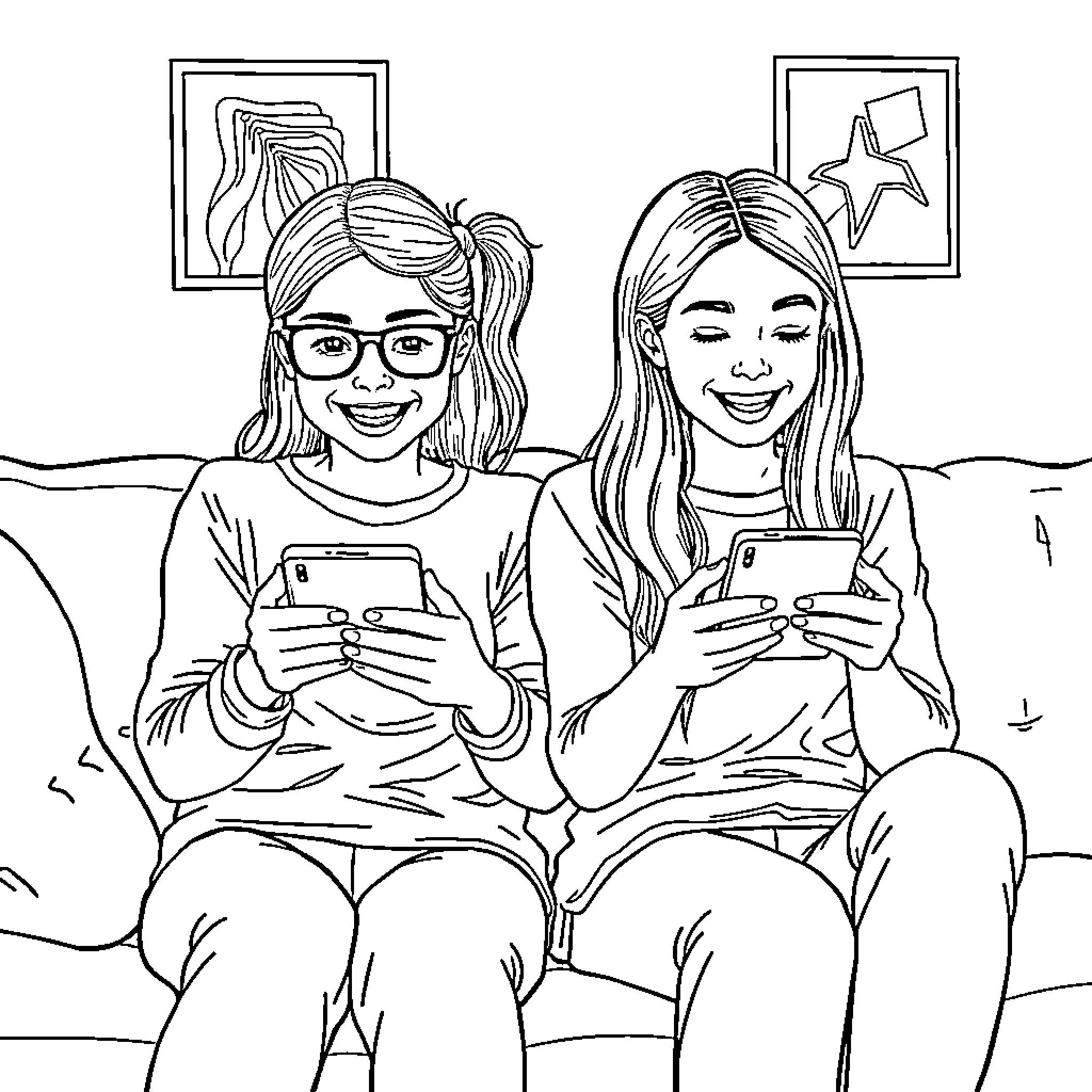 Sisters Engaging with Electronic Devices Coloring Page (free black-and-white line drawing printable PDF for all, from beginners to advanced learners, including children, teens, adults, and seniors)